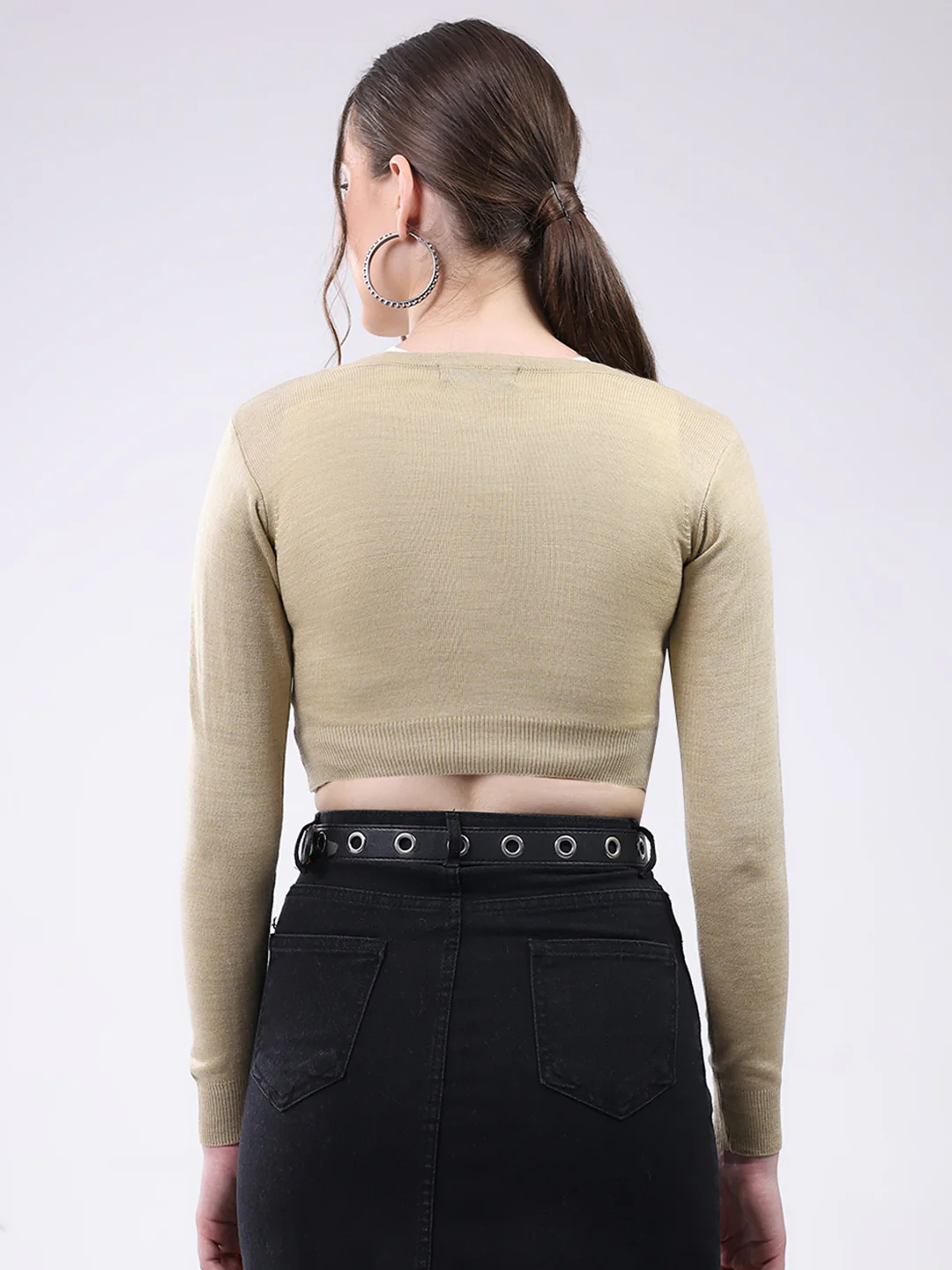 Women Beige Solid V Neck Full Sleeve Cardigan - Image 5