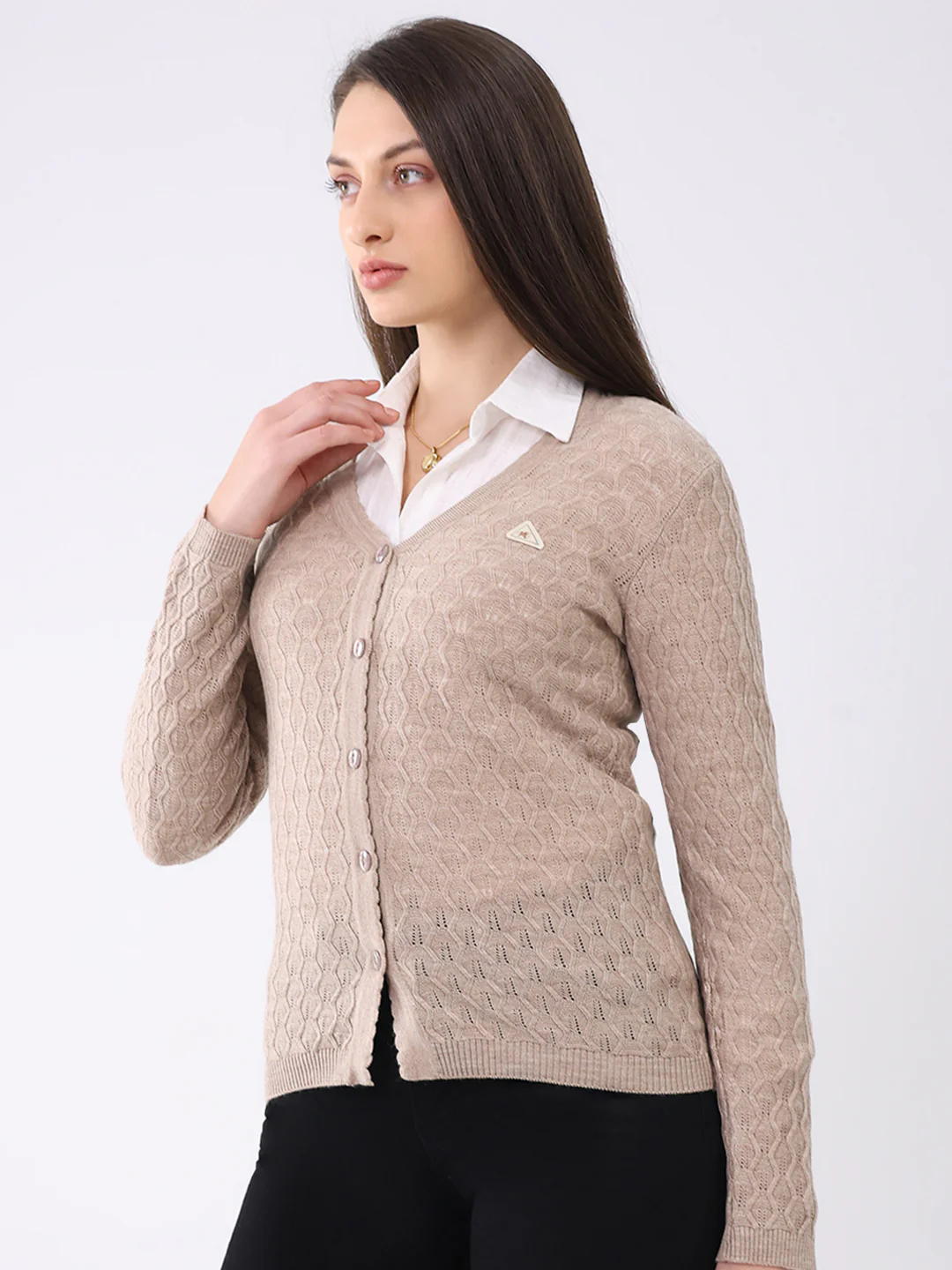 Women Beige Solid V Neck Full Sleeve Cardigan - Image 3