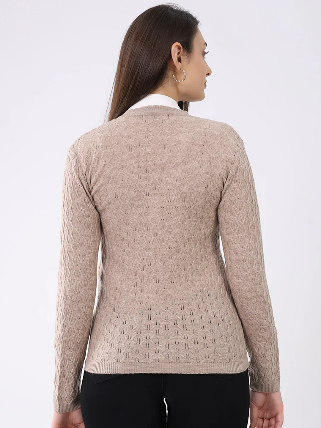 Women Beige Solid V Neck Full Sleeve Cardigan - Image 5