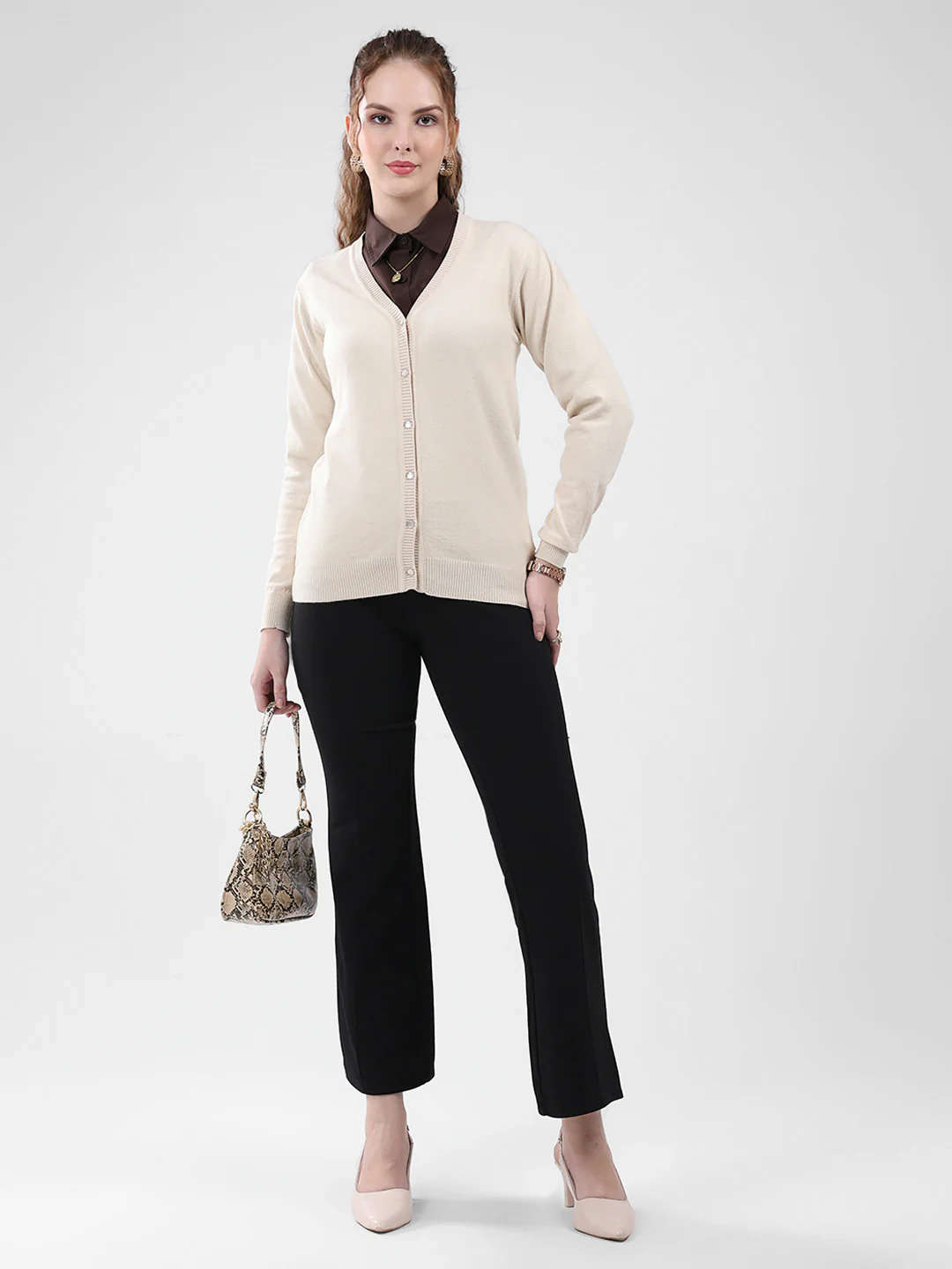 Women Beige Solid V Neck Full Sleeve Cardigan - Image 2