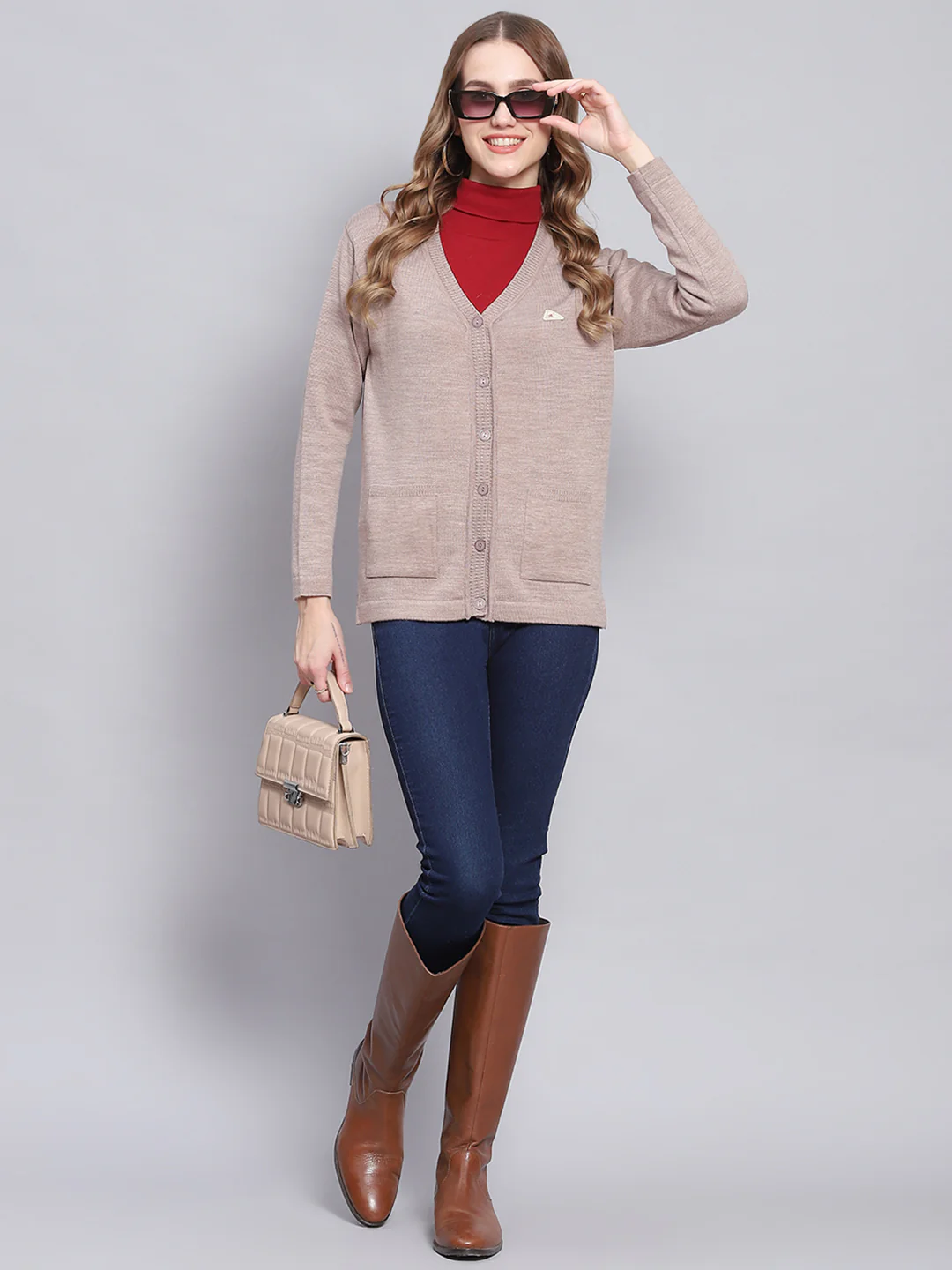 Women Beige Solid V Neck Full Sleeve Cardigans - Image 2