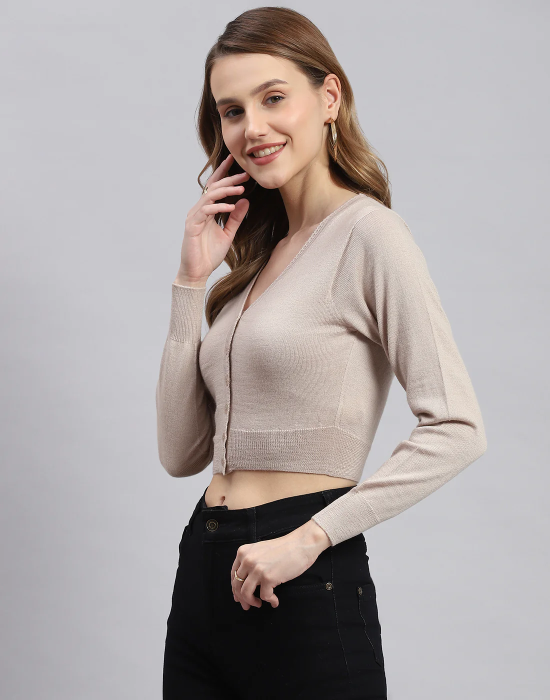 Women Beige Solid V Neck Full Sleeve Sweater - Image 3
