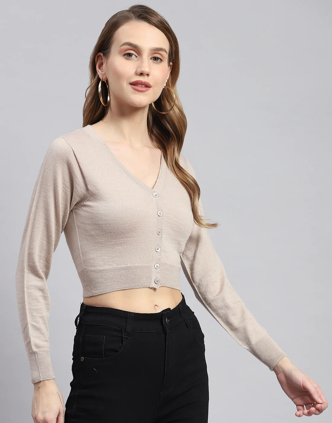Women Beige Solid V Neck Full Sleeve Sweater - Image 4