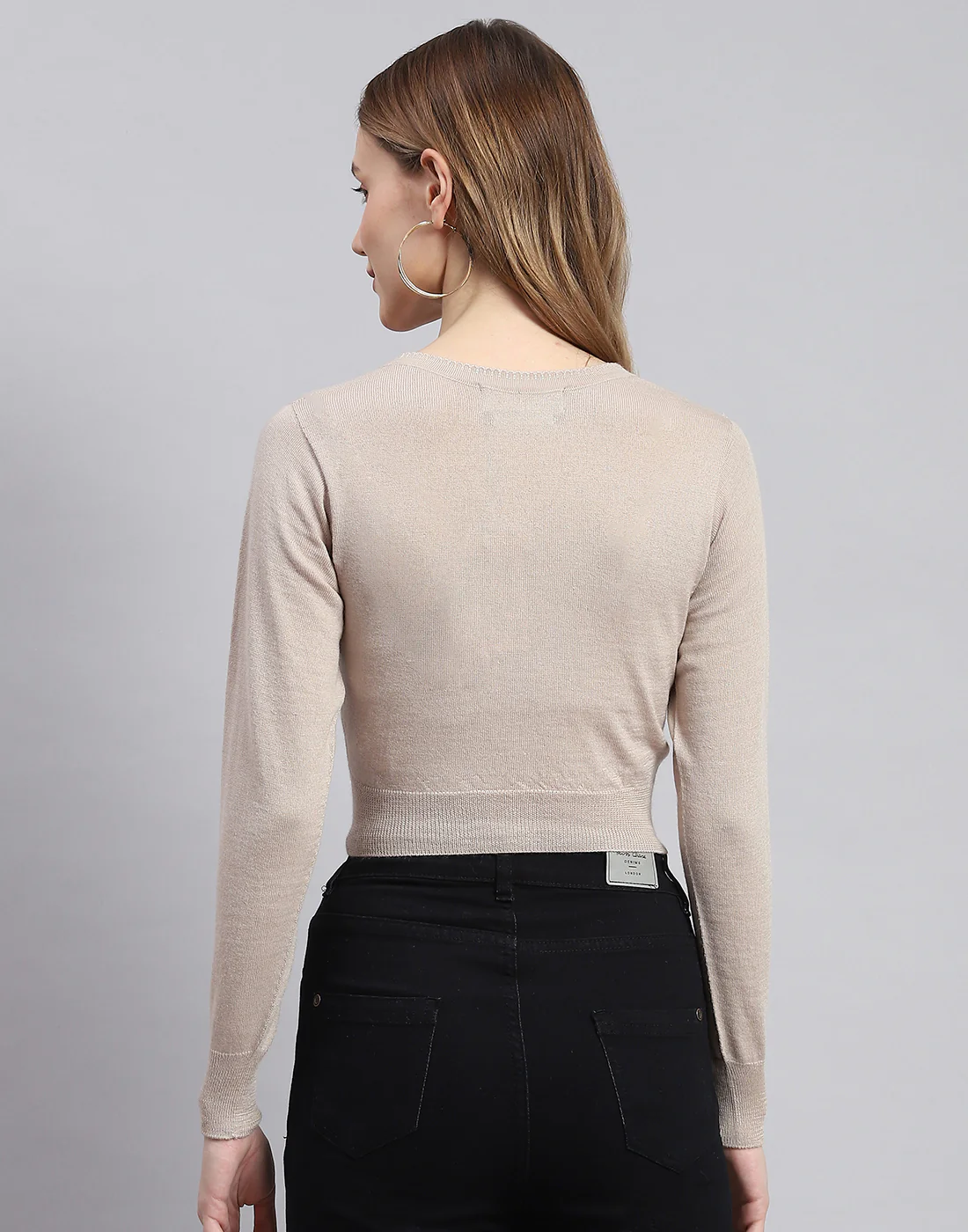 Women Beige Solid V Neck Full Sleeve Sweater - Image 5