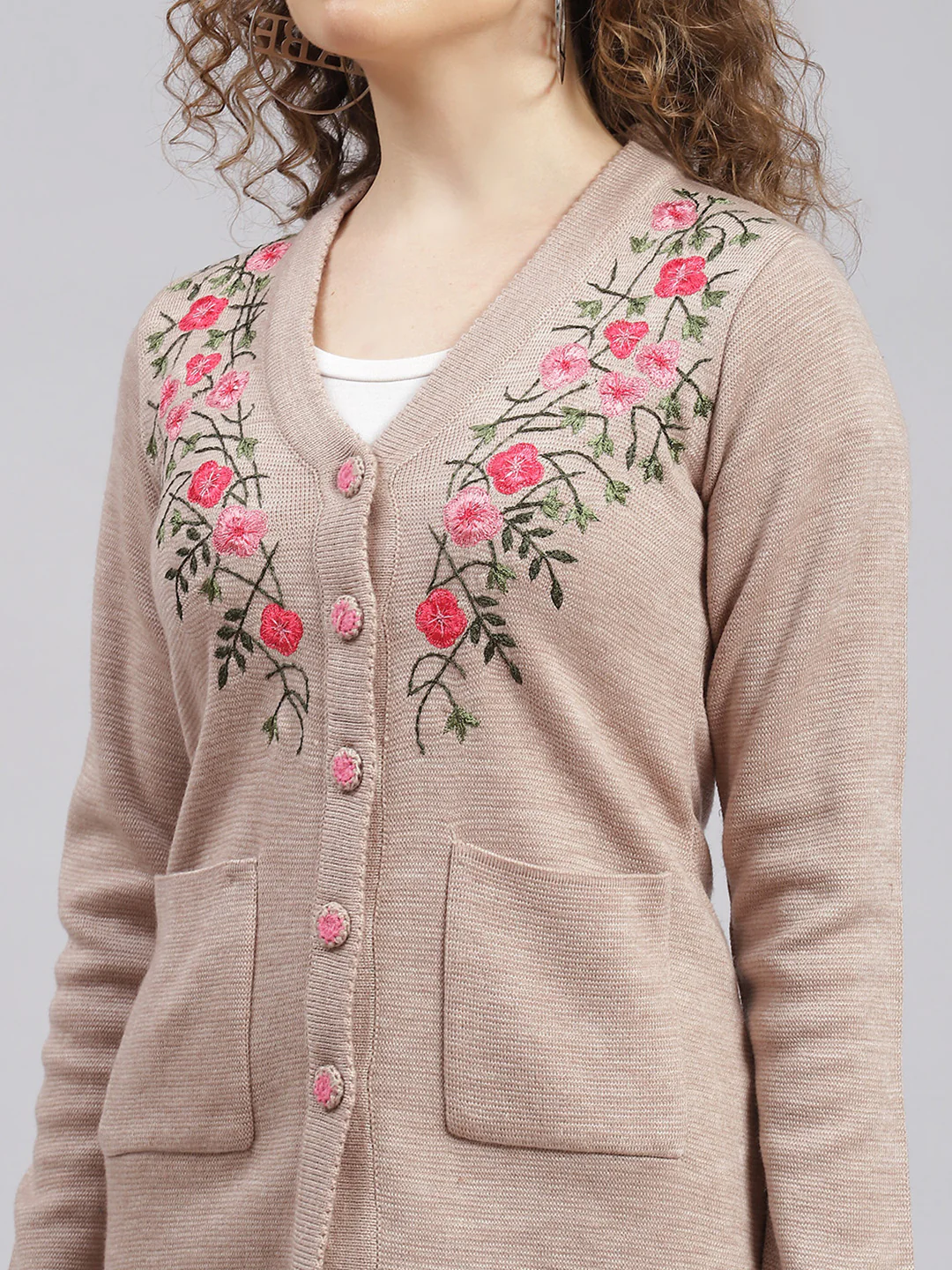 Women Beige Solid Wool blend Cardigan - Image 6