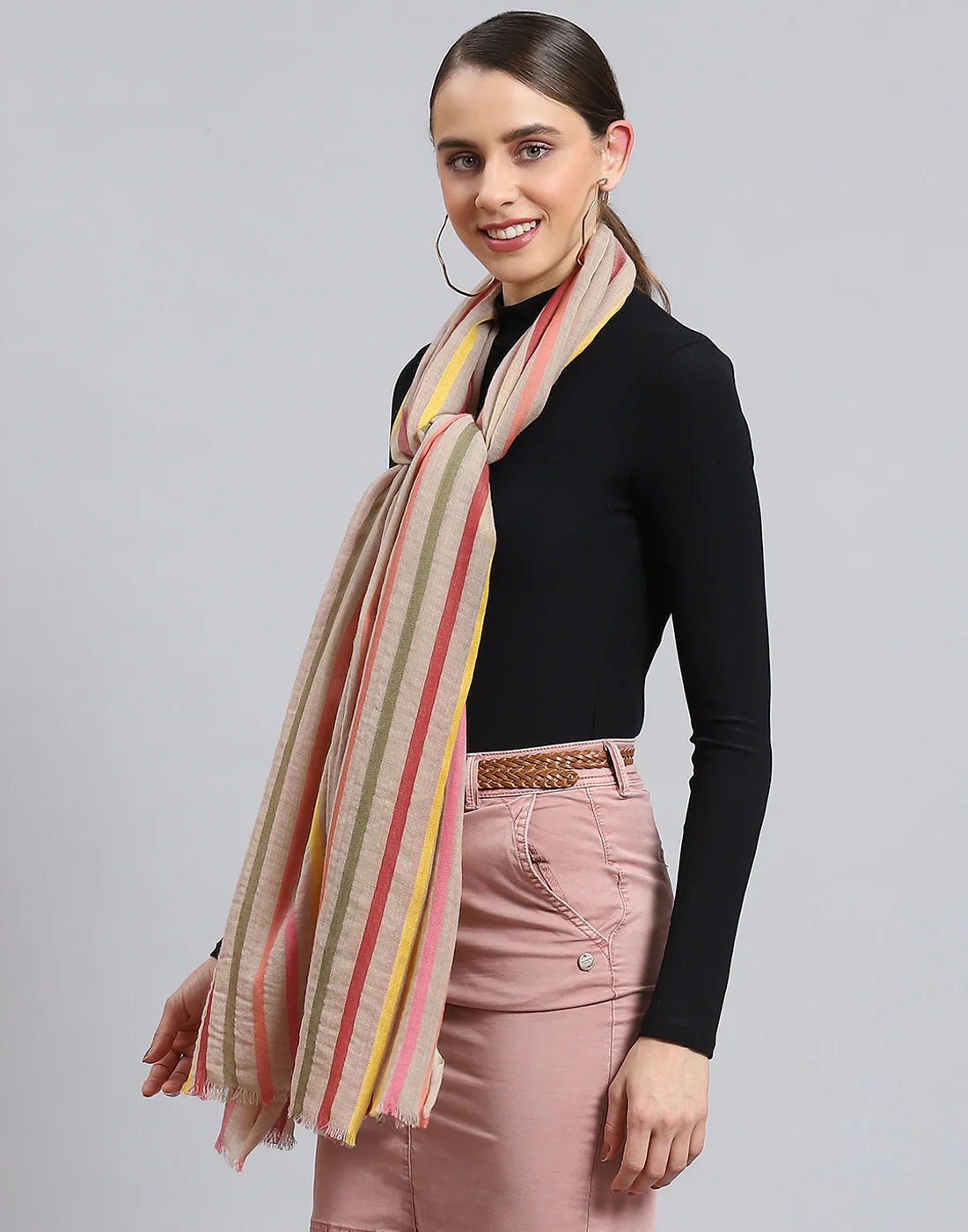 Women Beige Stripe Stole - Image 4