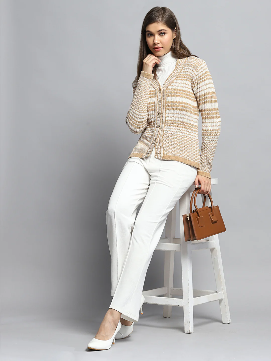 Women Beige Stripe V Neck Full Sleeve Cardigan - Image 2