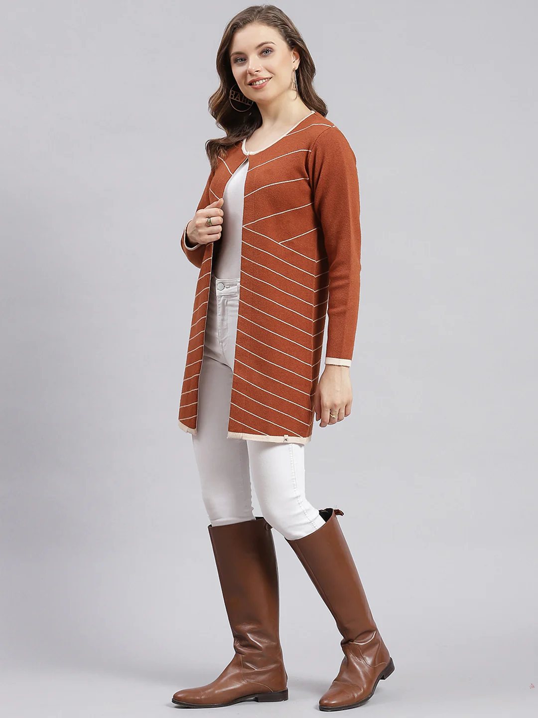 Women Beige Stripe Wool blend Cardigan - Image 4