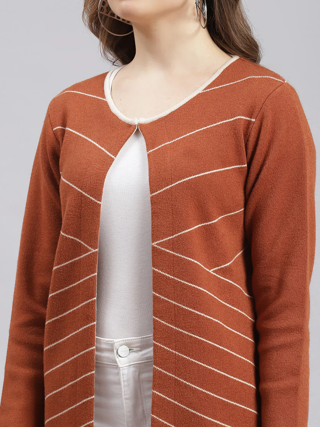 Women Beige Stripe Wool blend Cardigan - Image 6