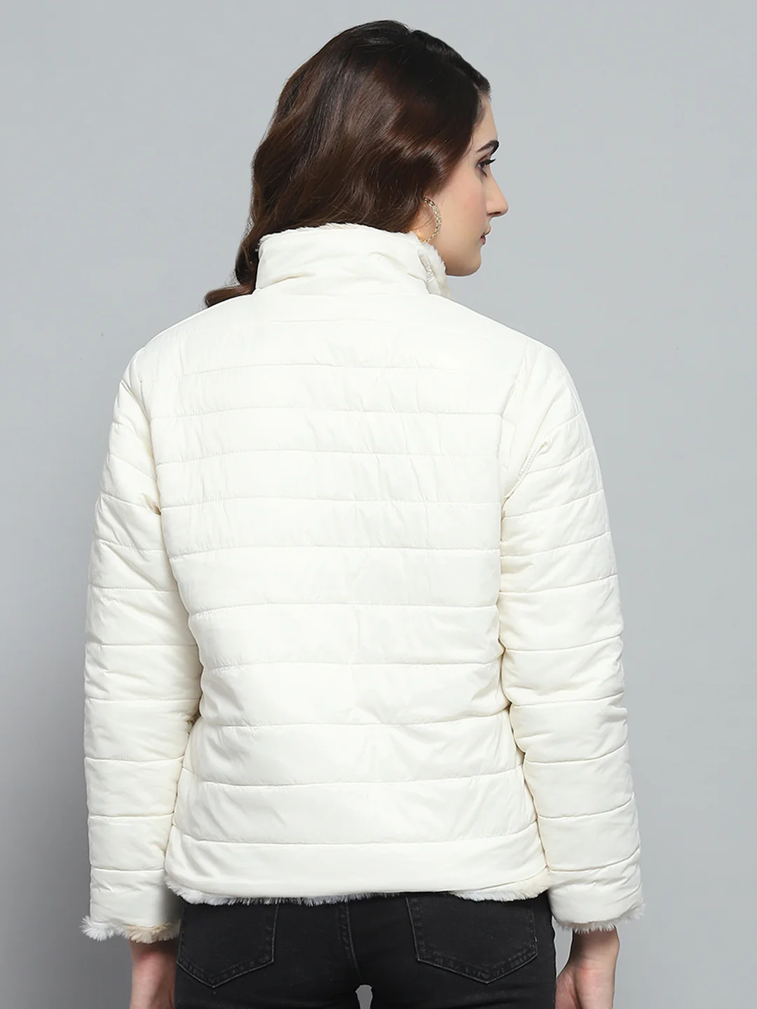 Women Beige & White Solid Mock Neck Full Sleeve Reversible Jacket - Image 9