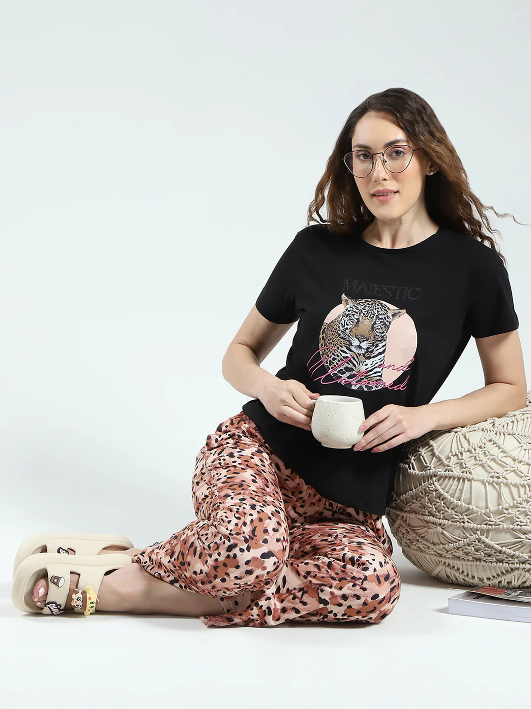 Women Black & Brown Printed Round Neck Half Sleeve Lower Set - Image 2