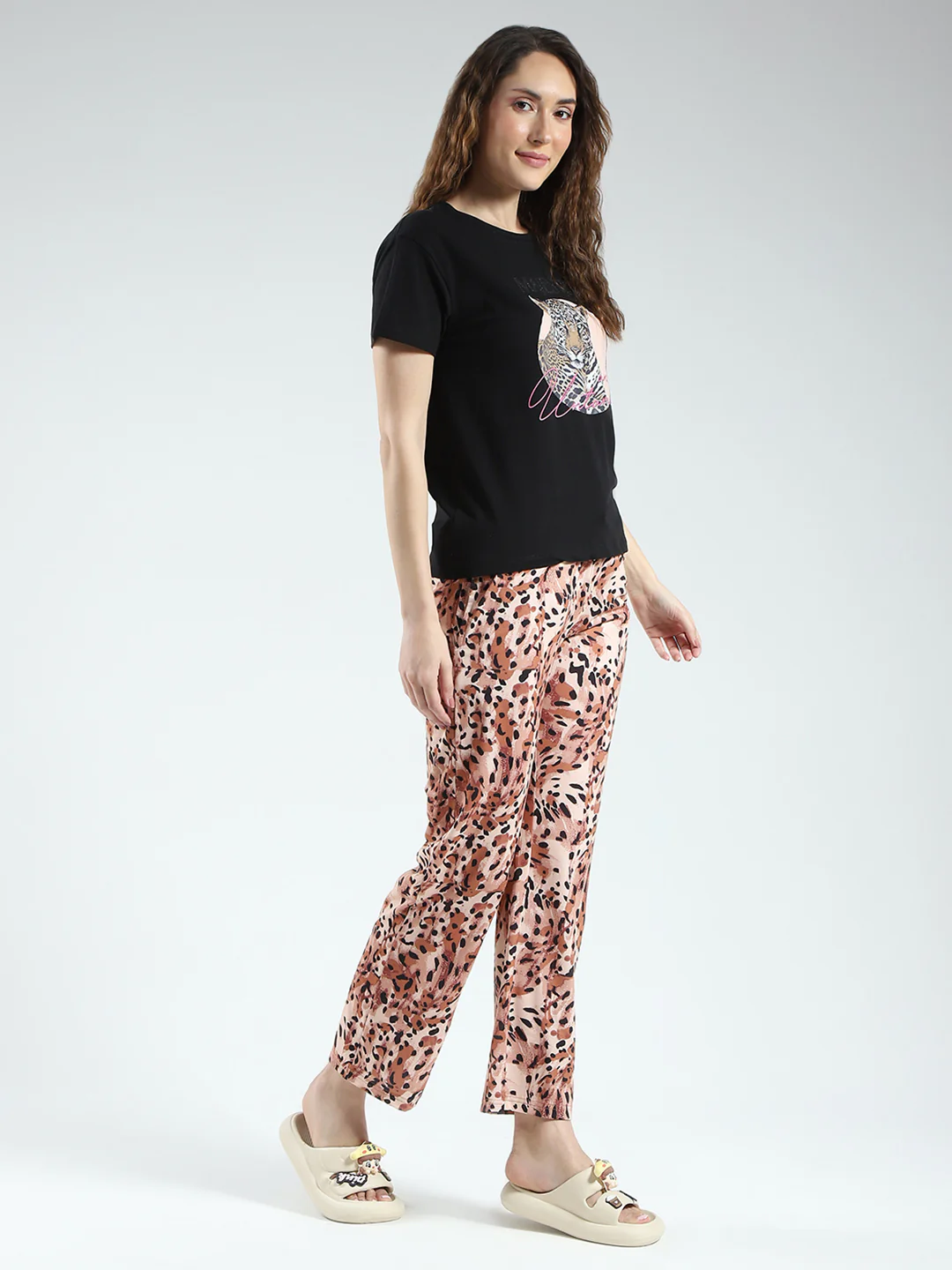 Women Black & Brown Printed Round Neck Half Sleeve Lower Set - Image 4