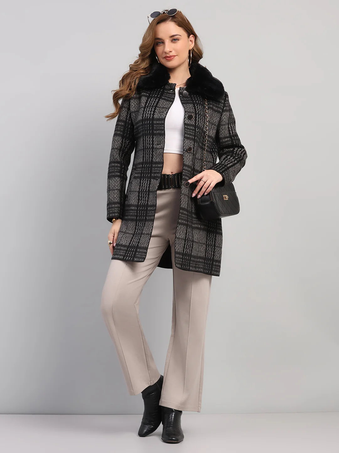 Women Black Check Collar Full Sleeve Wool Non-Lined Coat - Image 2