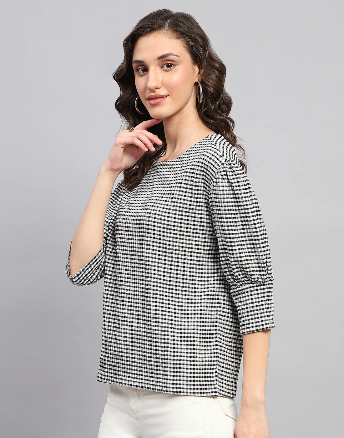 Women Black Check Round Neck 3/4th Sleeve Top - Image 3
