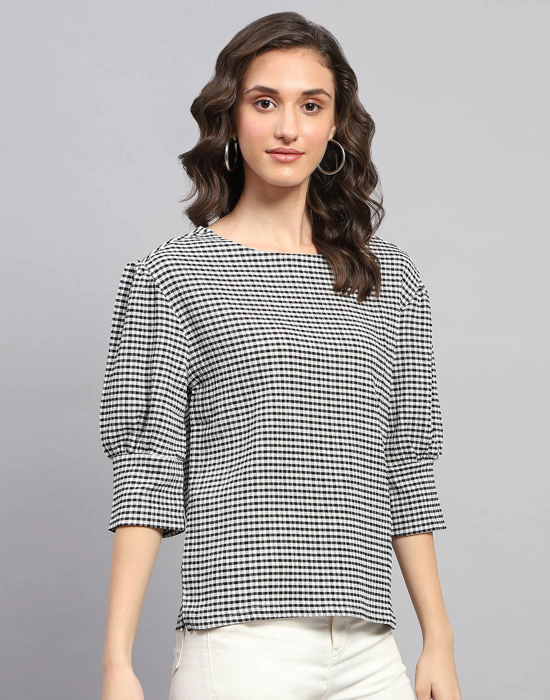 Women Black Check Round Neck 3/4th Sleeve Top - Image 4