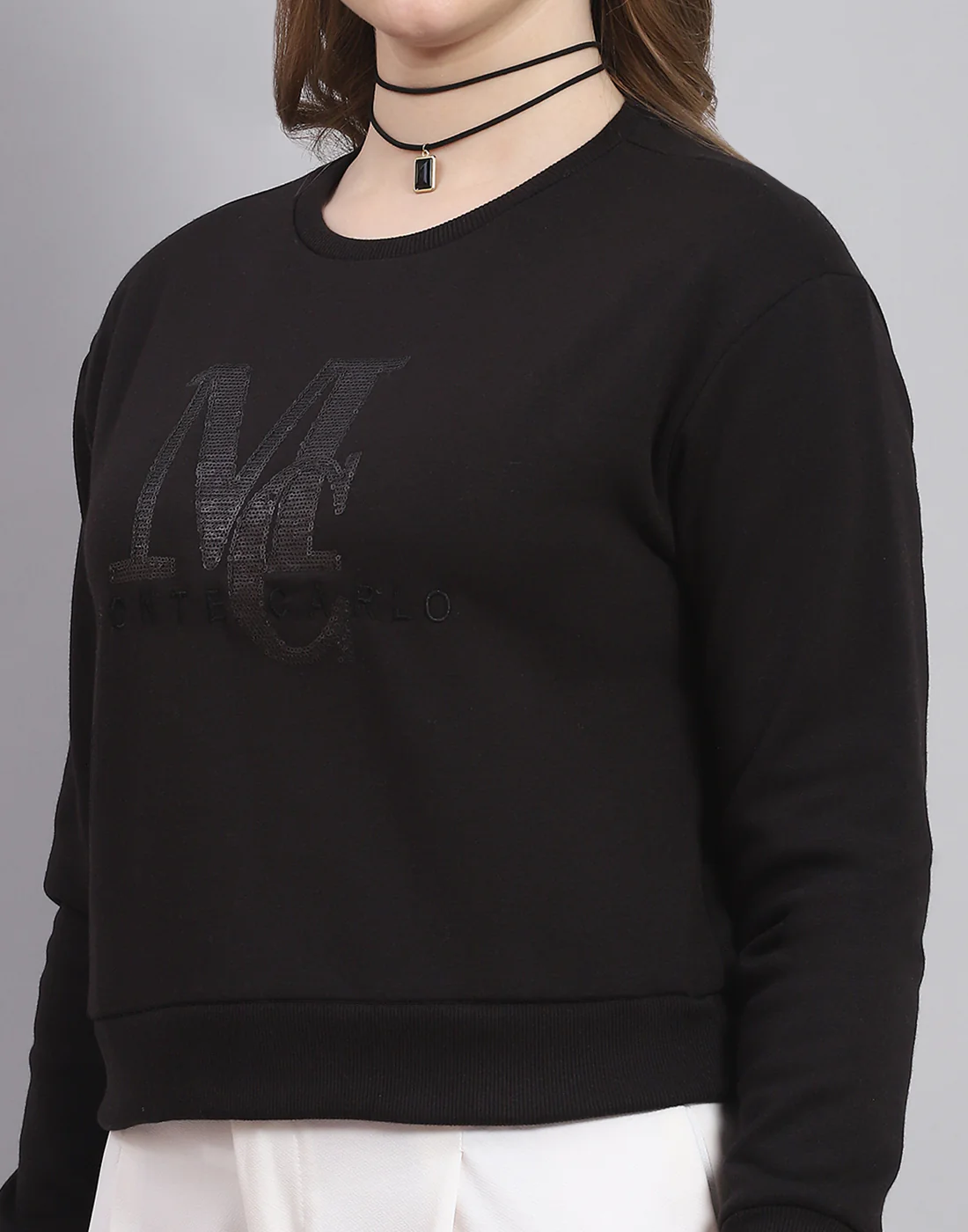 Women Black Embellished Round Neck Full Sleeve Sweatshirt - Image 6