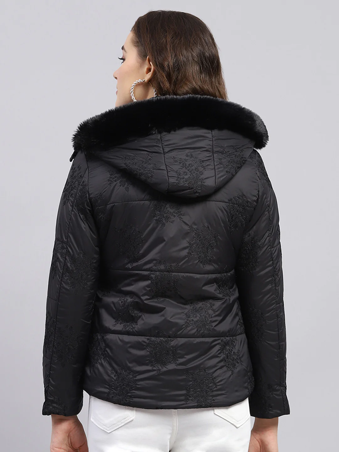 Women Black Embroidered Detachable Hood Full Sleeve Jacket - Image 5