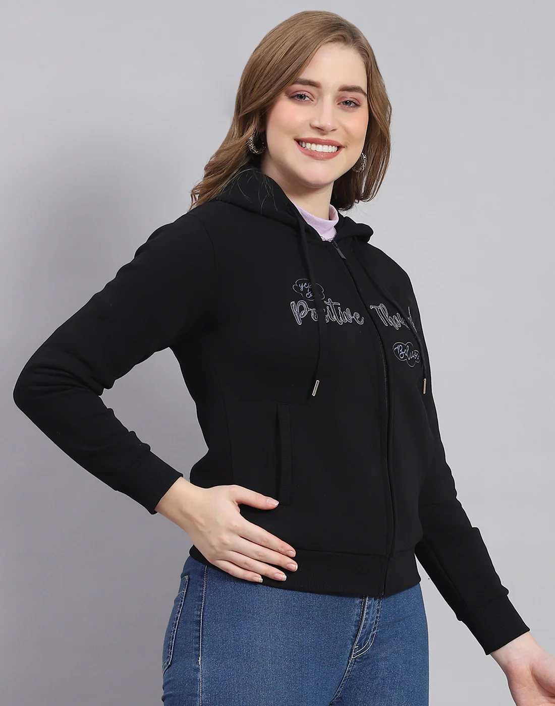 Women Black Embroidered Hooded Full Sleeve Sweatshirt - Image 4