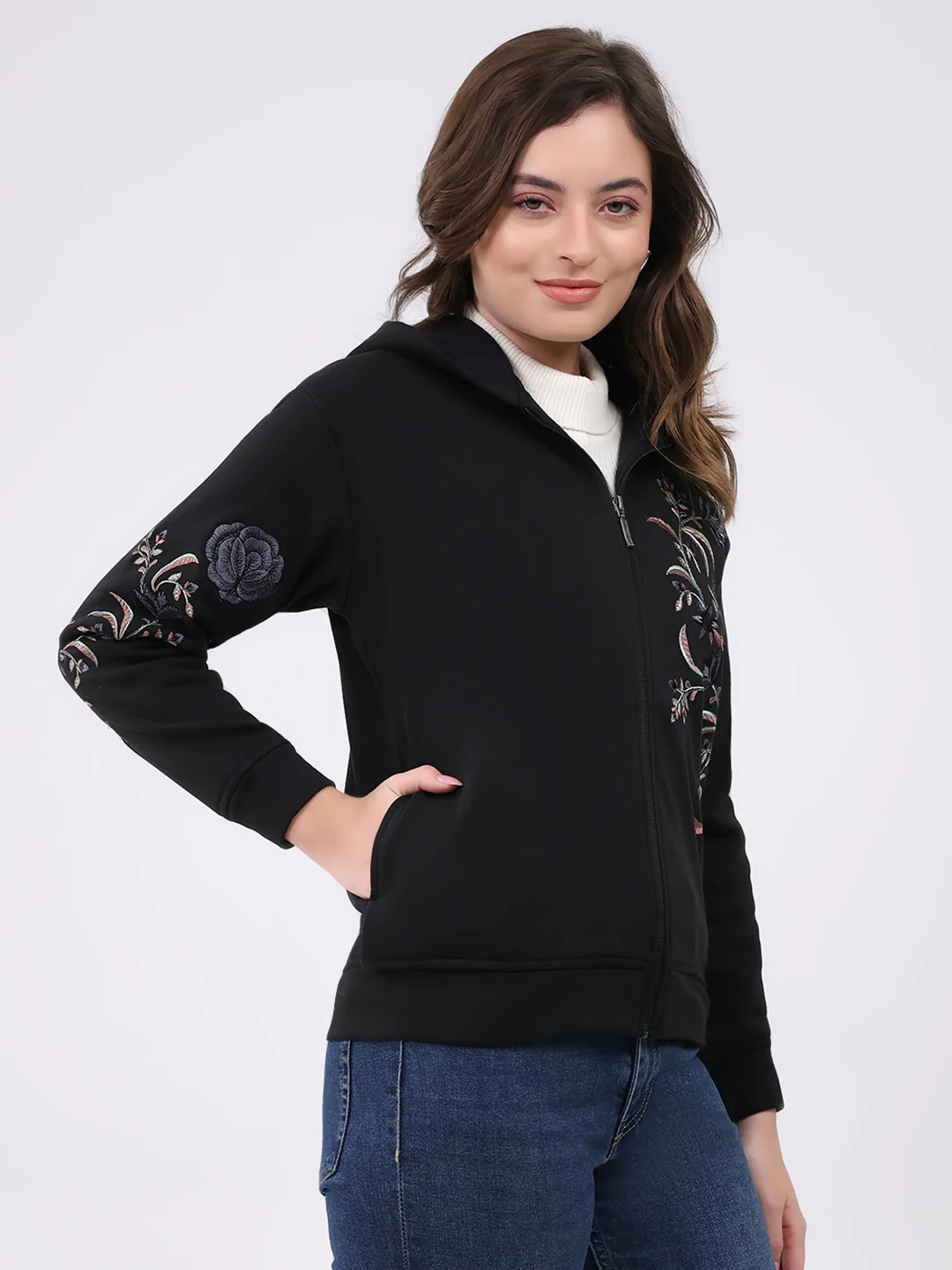 Women Black Embroidered Hooded Full Sleeve Sweatshirt - Image 4