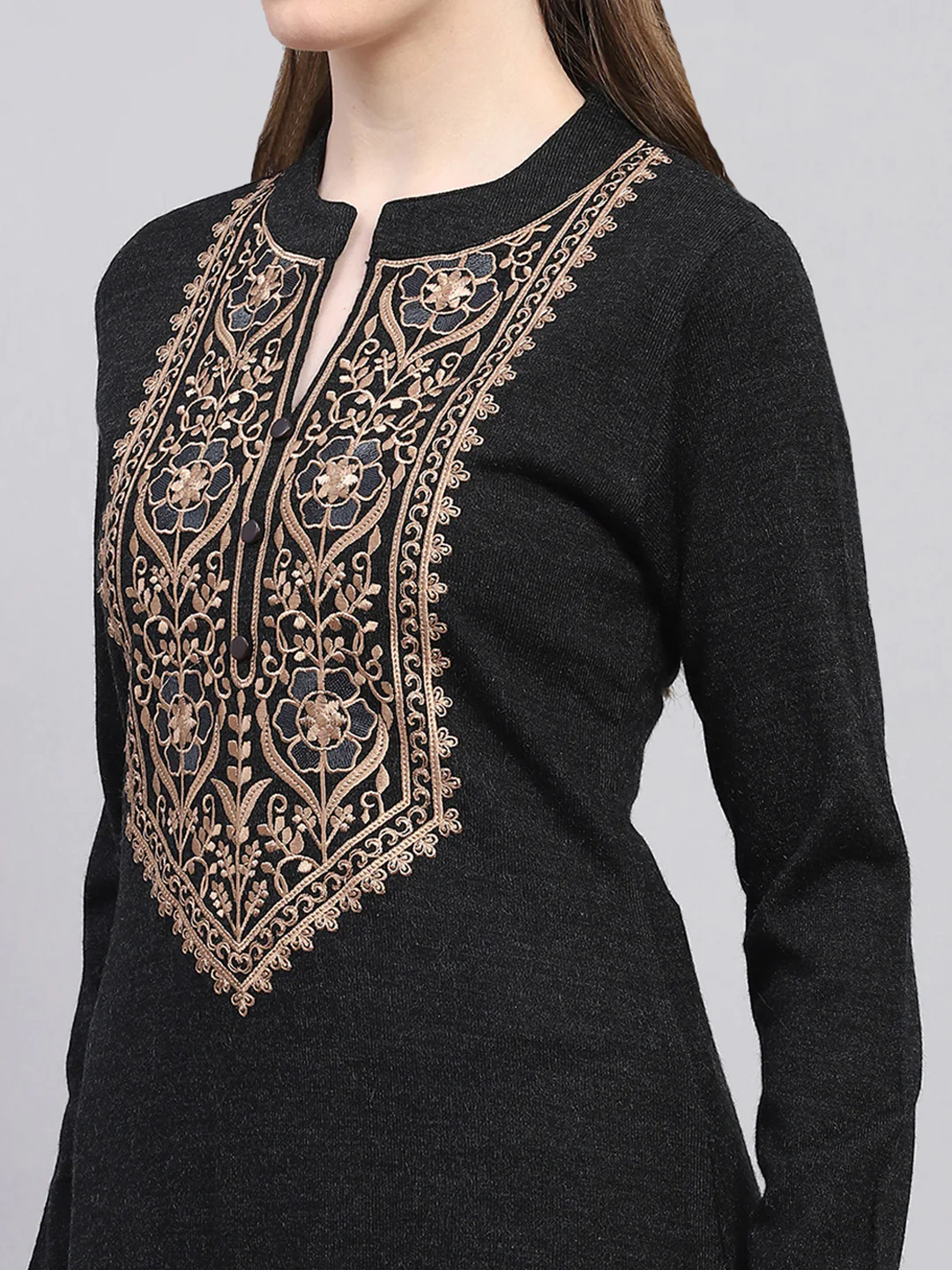 Women Black Embroidered Round Neck Full Sleeve Kurti Set for Winter - Image 6