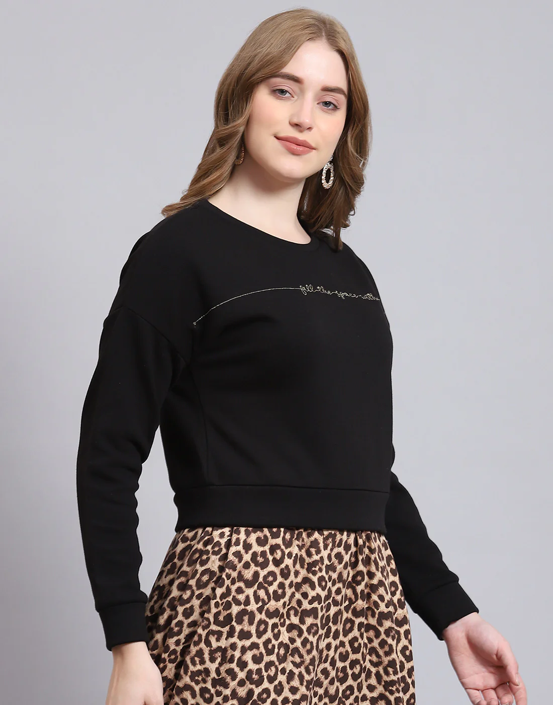Women Black Embroidered Round Neck Full Sleeve Sweatshirt - Image 5