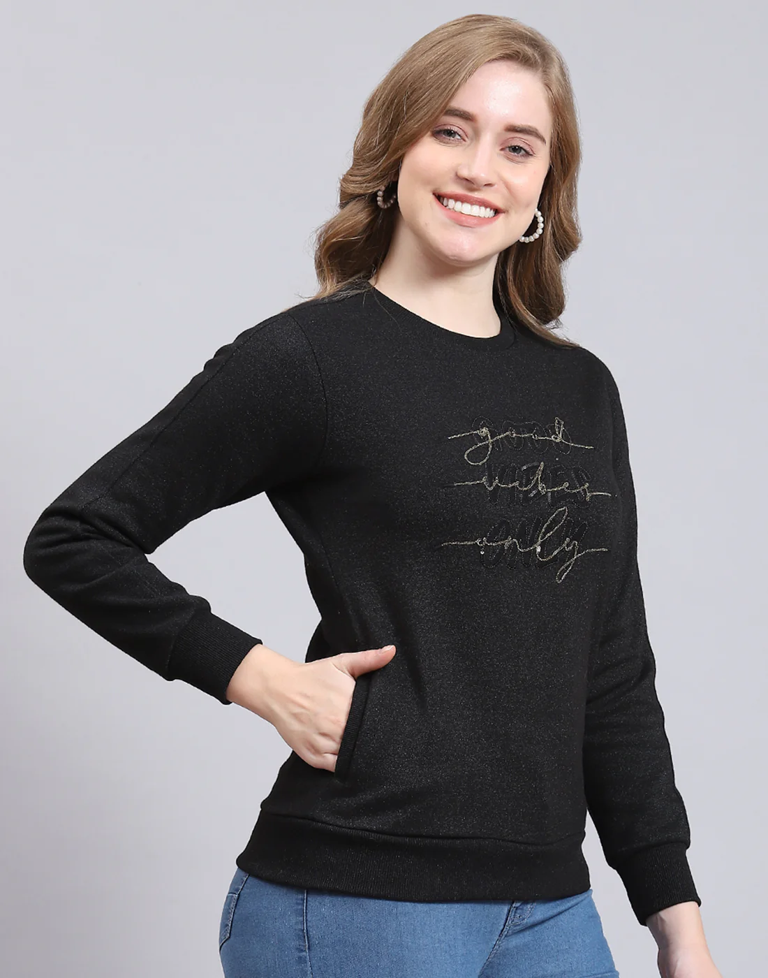 Women Black Embroidered Round Neck Full Sleeve Sweatshirt - Image 4