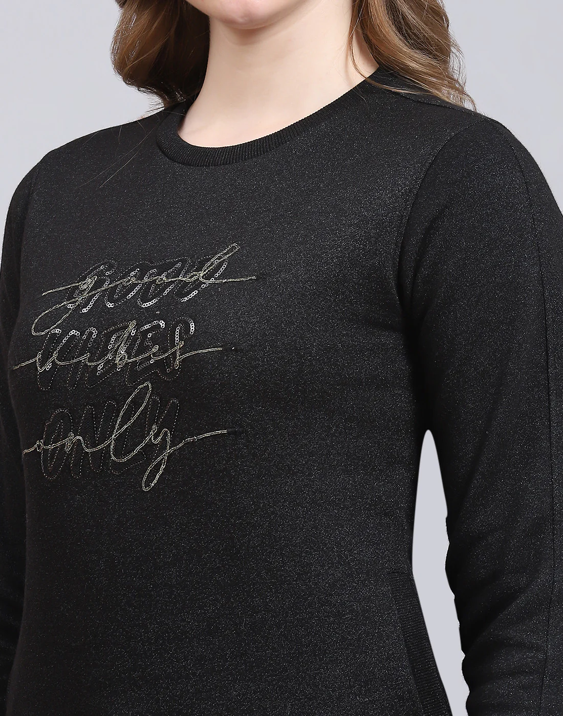 Women Black Embroidered Round Neck Full Sleeve Sweatshirt - Image 6