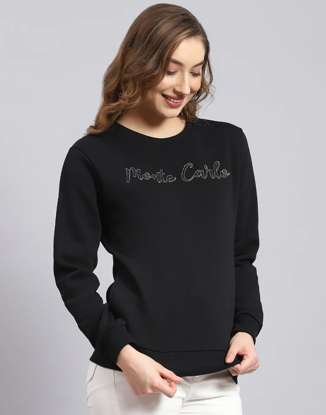 Women Black Embroidered Round Neck Full Sleeve Sweatshirt - Image 4