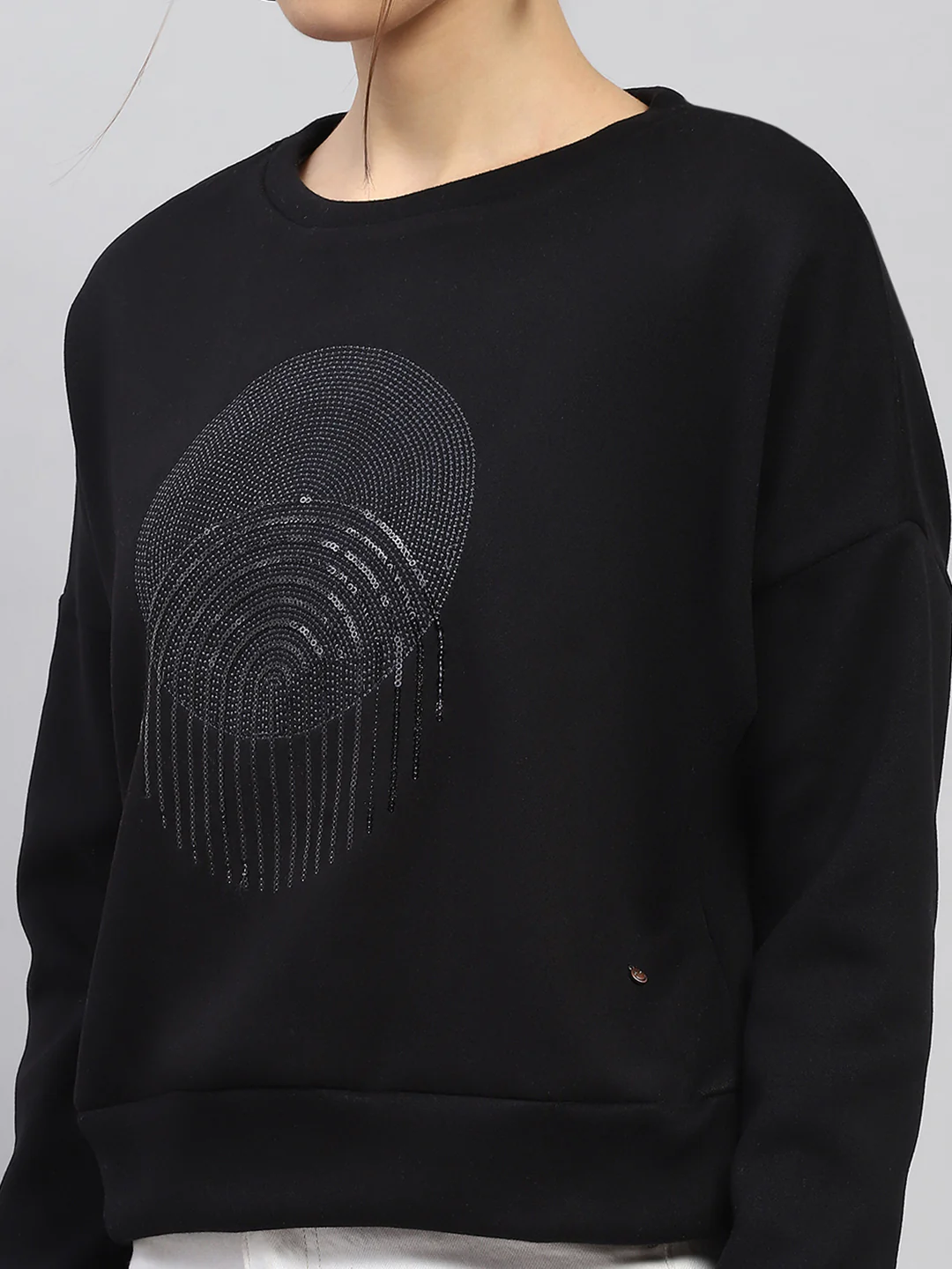 Women Black Embroidered Round Neck Full Sleeve Sweatshirt - Image 6