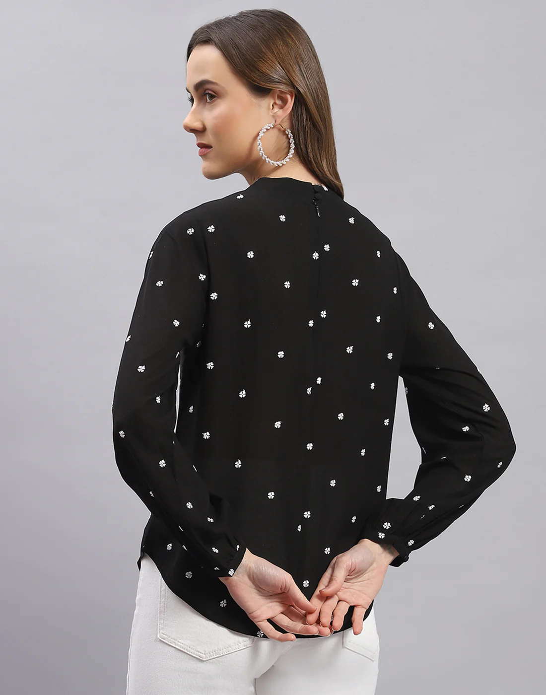 Women Black Embroidered Round Neck Full Sleeve Top - Image 5