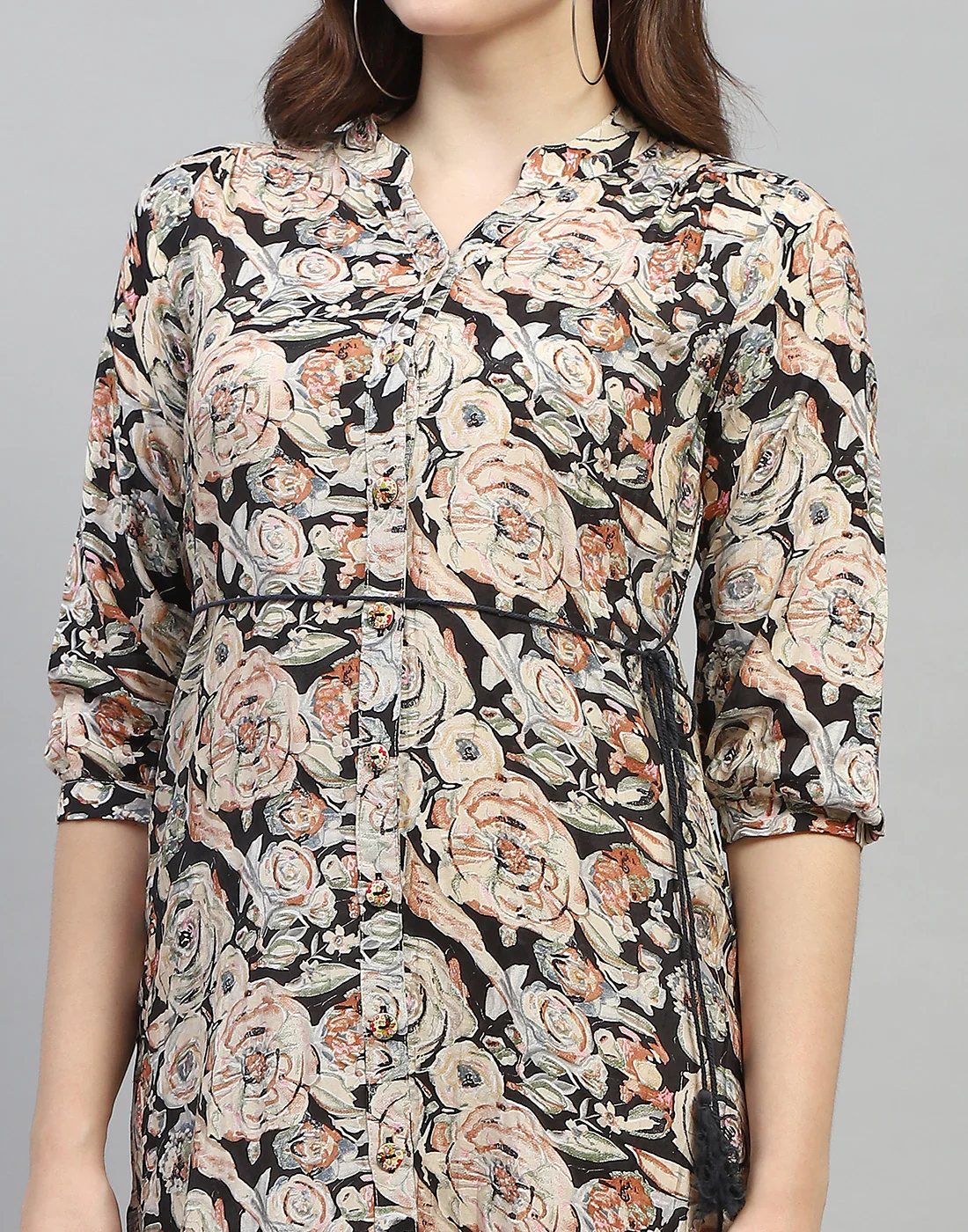 Women Black Floral Print V Neck 3/4 Sleeve Dress - Image 2