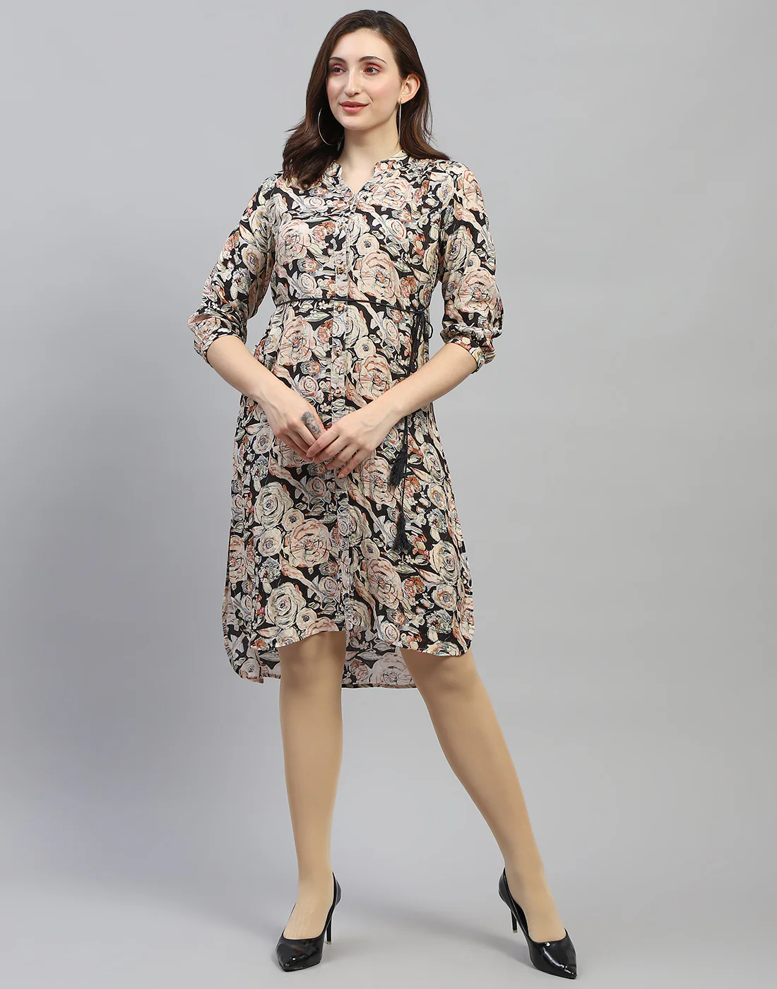 Women Black Floral Print V Neck 3/4 Sleeve Dress - Image 3
