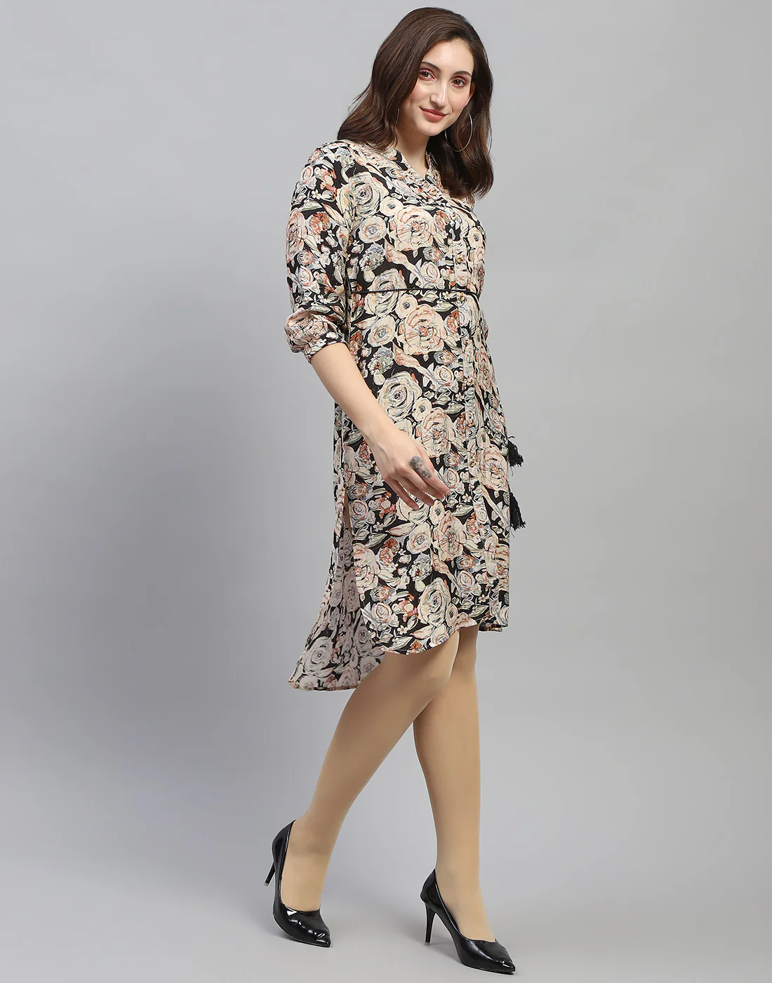 Women Black Floral Print V Neck 3/4 Sleeve Dress - Image 5
