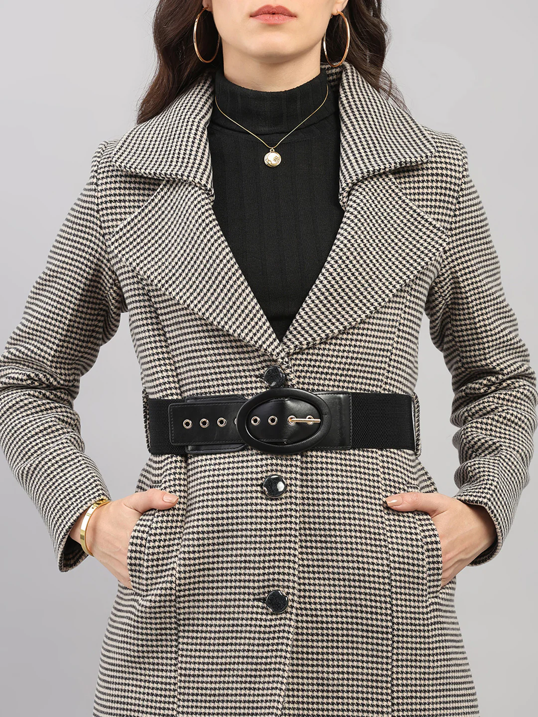 Women Black Jacquard Lapel Collar Full Sleeve Belted Long Coat - Image 6