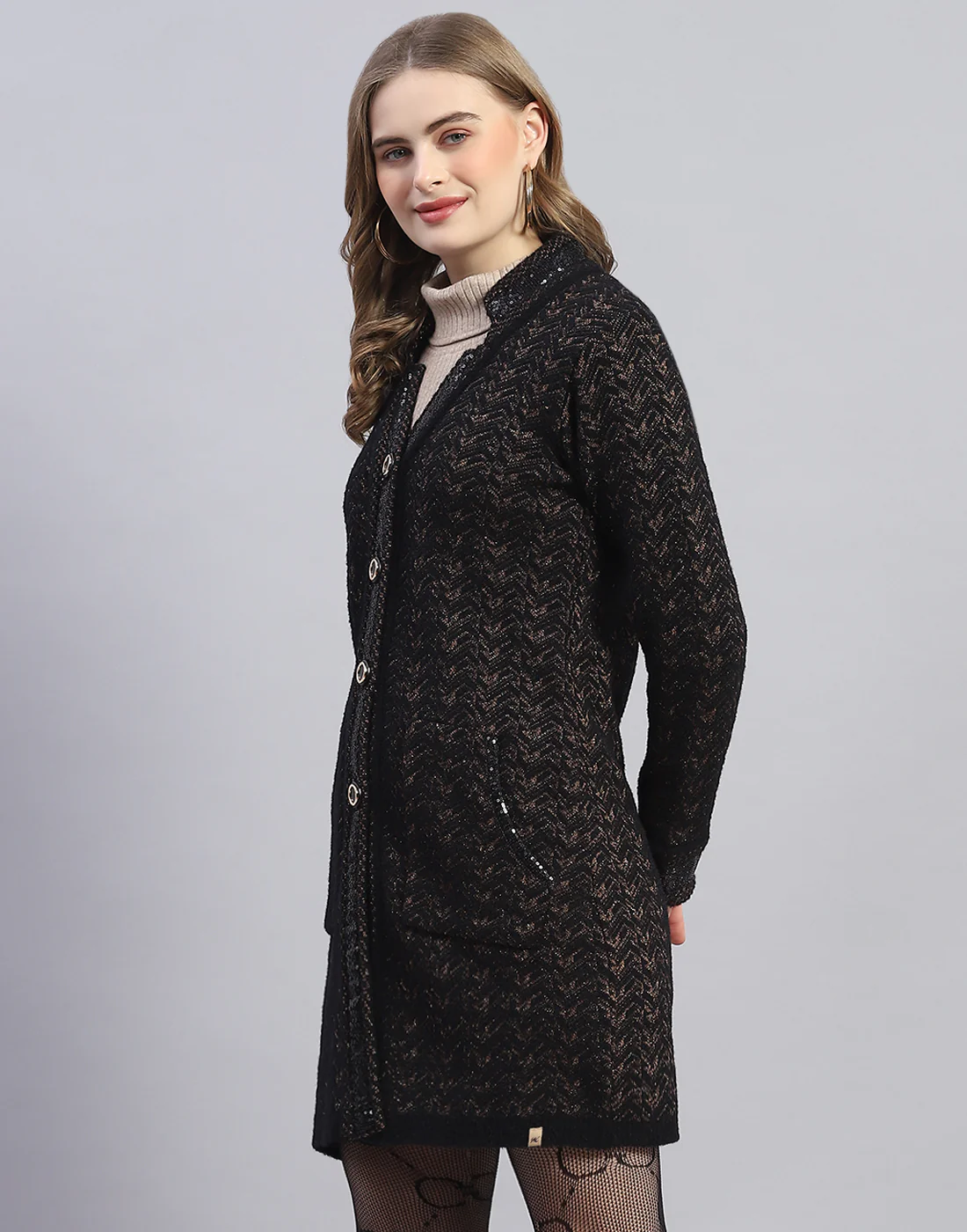 Women Black Jaquard V Neck Full Sleeve Cardigan - Image 3