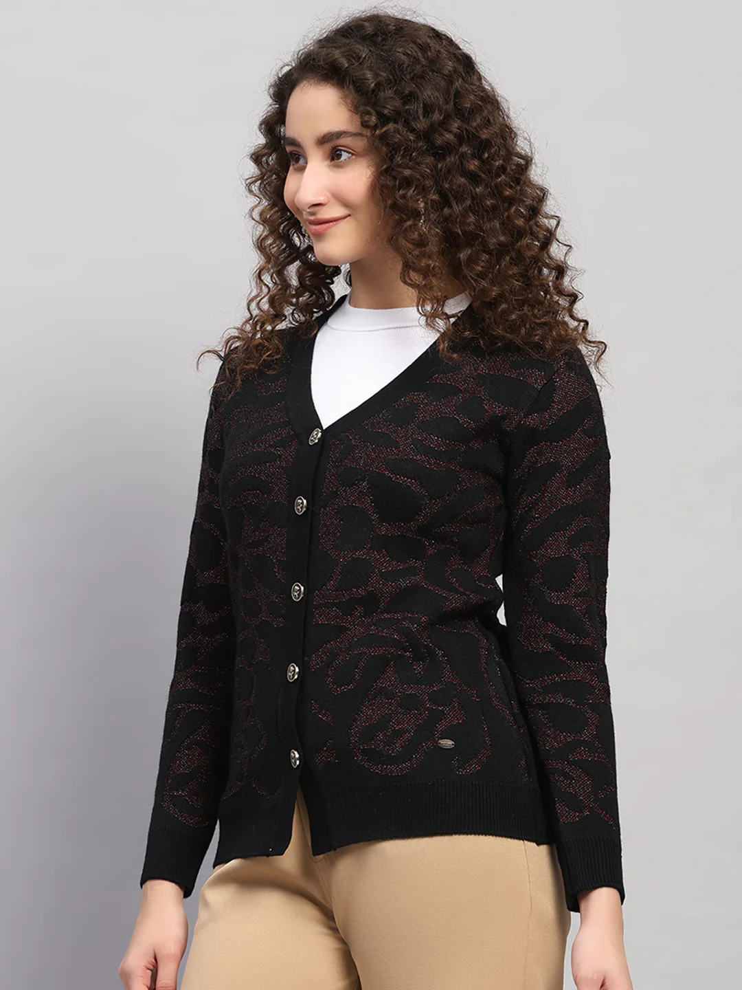 Women Black Jaquard V Neck Full Sleeve Cardigan - Image 3