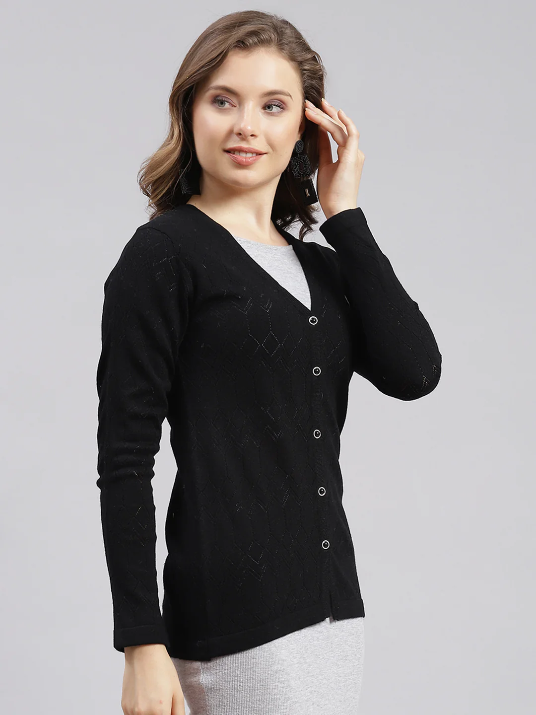 Women Black Jaquard Wool blend Cardigan - Image 2
