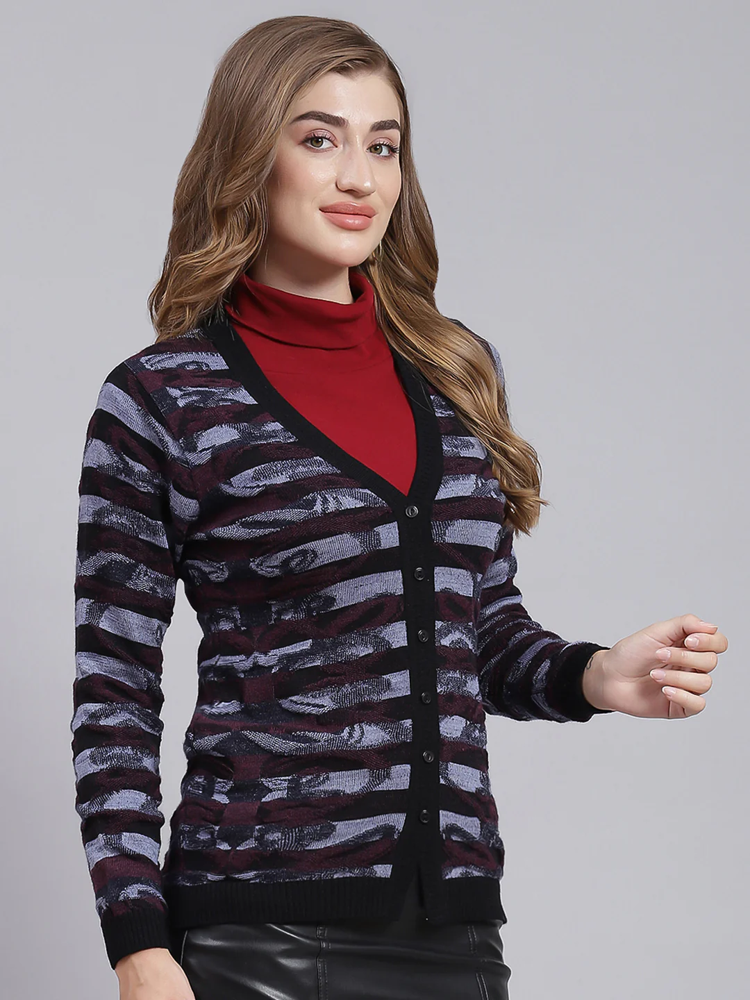 Women Black Jaquard Wool blend Cardigan - Image 3
