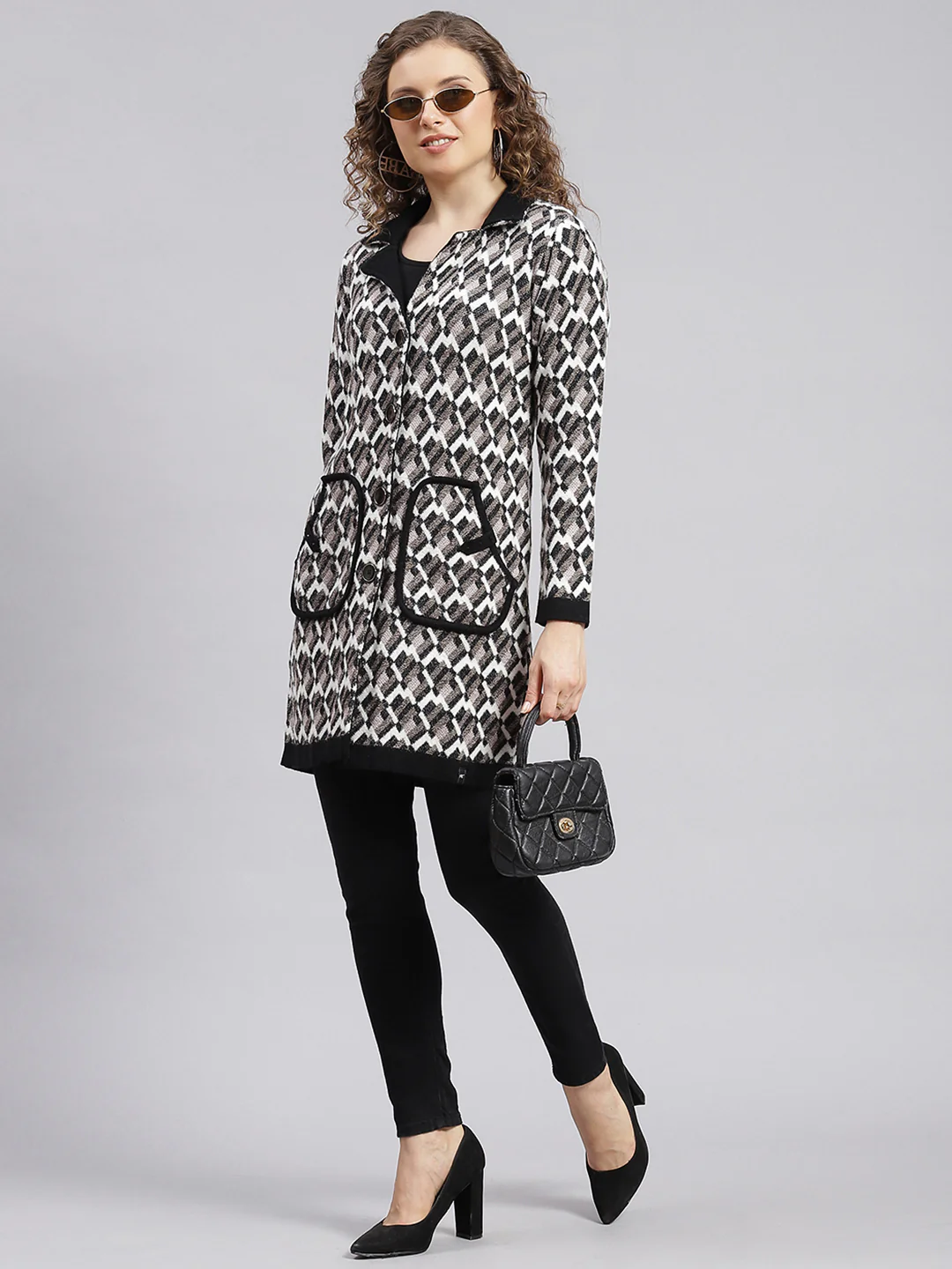 Women Black Jaquard Wool blend Knitted Coat - Image 5