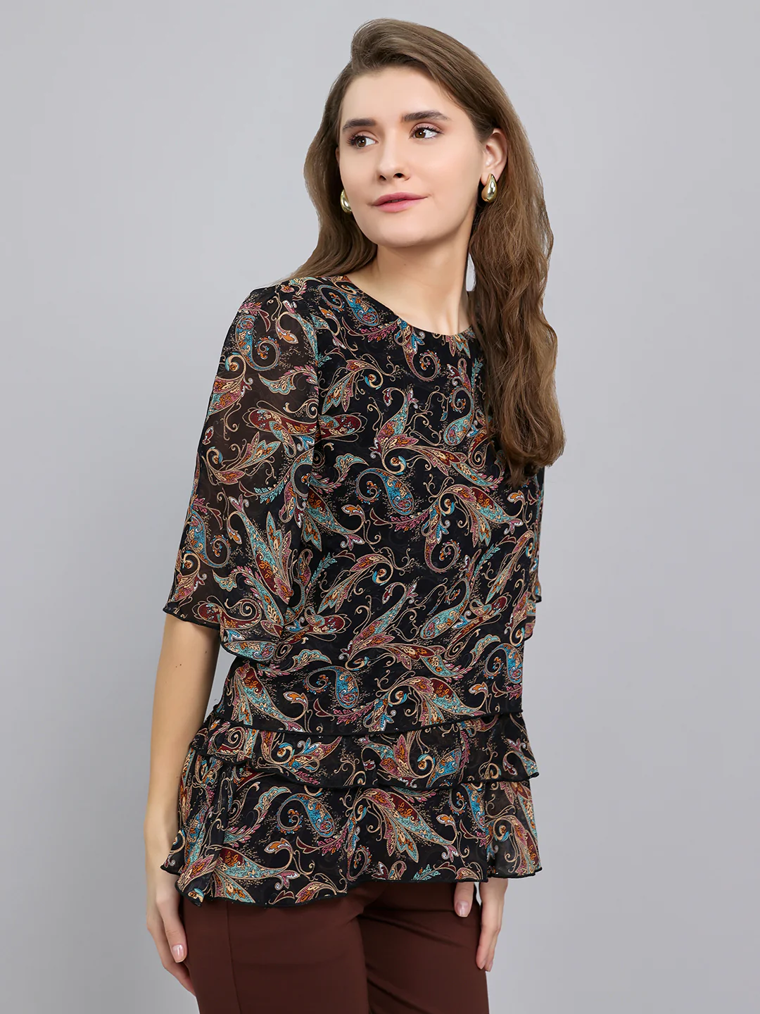 Women Black Paisley Print Fashion Neck 3/4th Sleeve Top - Image 3