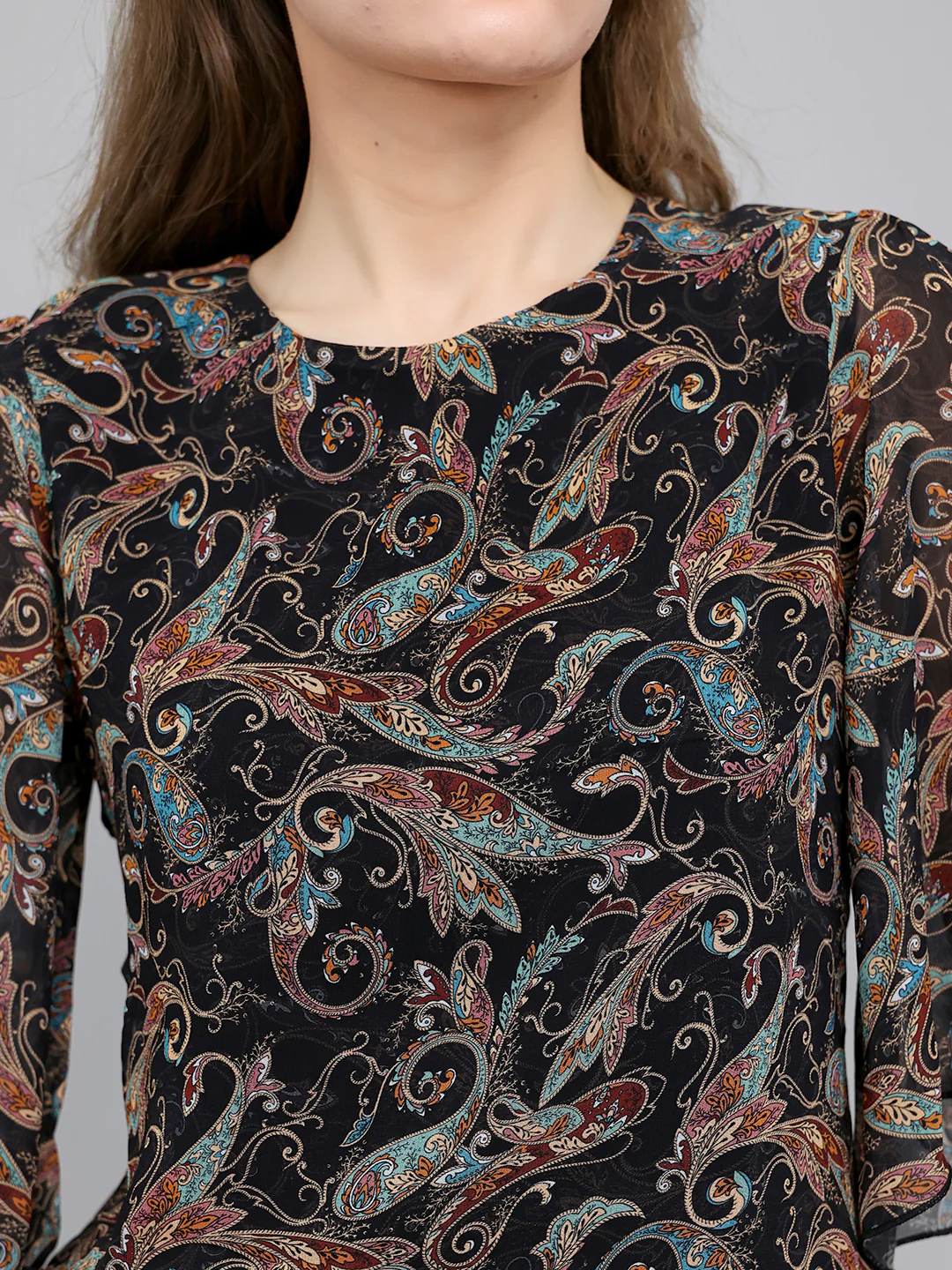 Women Black Paisley Print Fashion Neck 3/4th Sleeve Top - Image 4