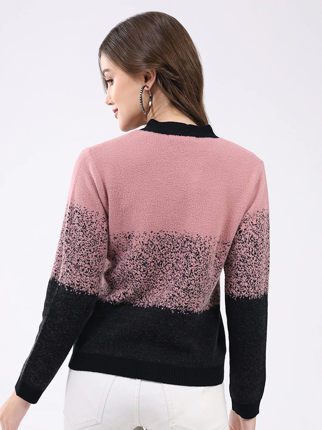 Women Black & Pink Self Design V Neck Full Sleeve Cardigan - Image 5