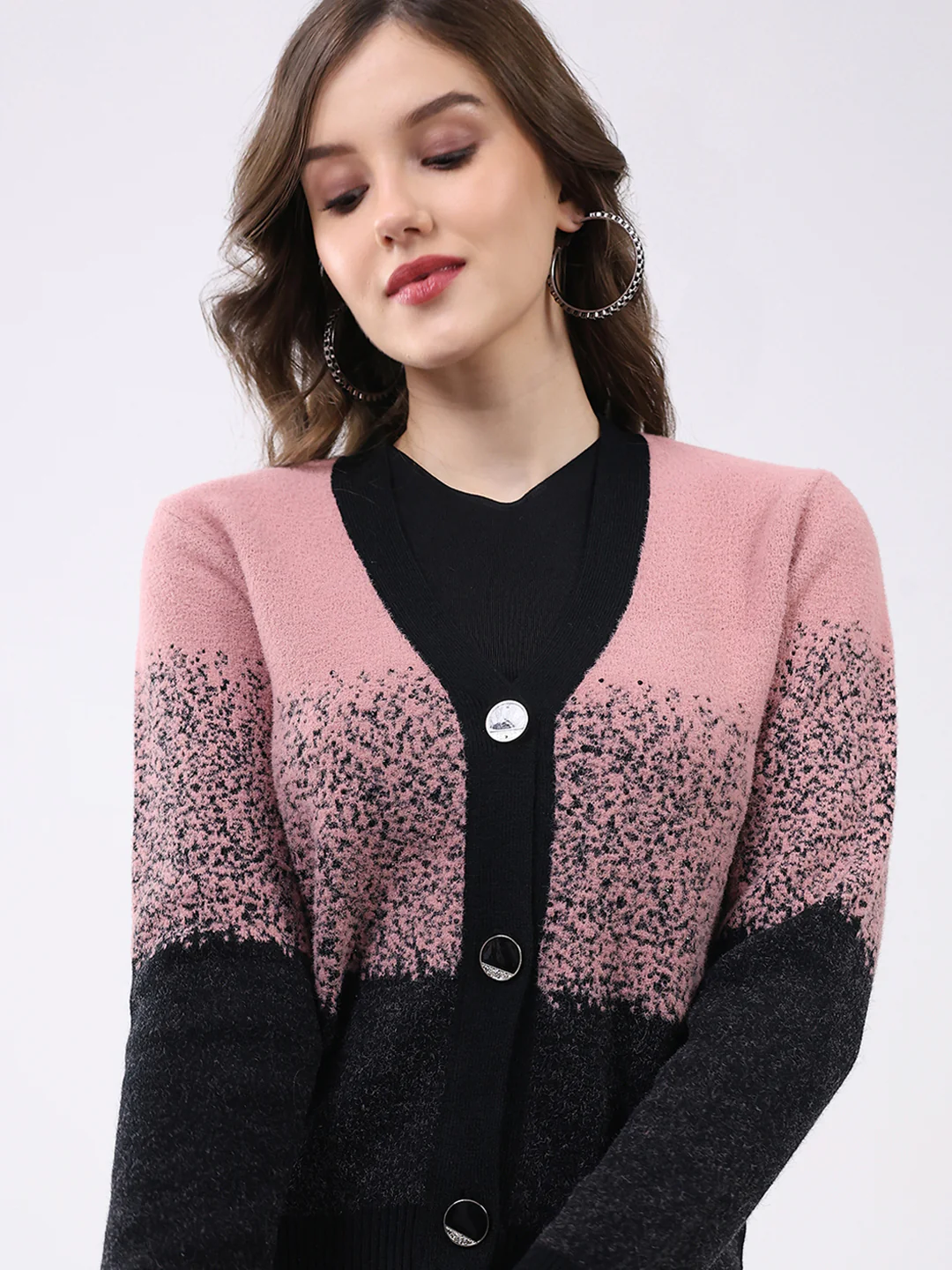 Women Black & Pink Self Design V Neck Full Sleeve Cardigan - Image 7