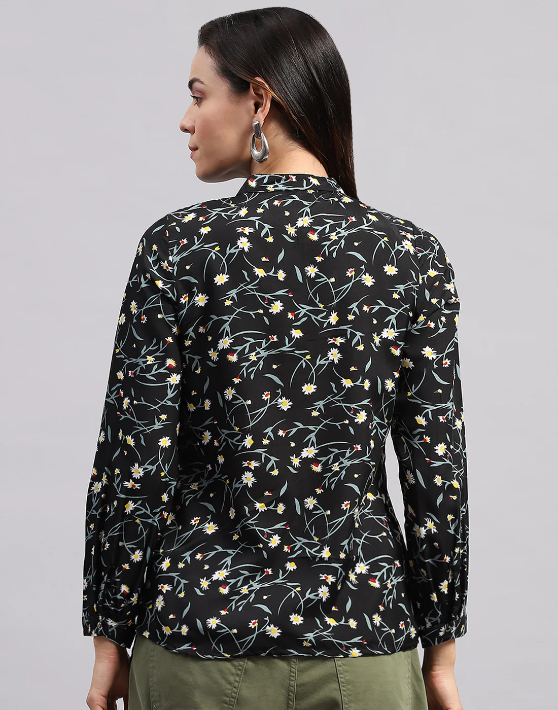 Women Black Printed Band Collar Full Sleeve Top - Image 6