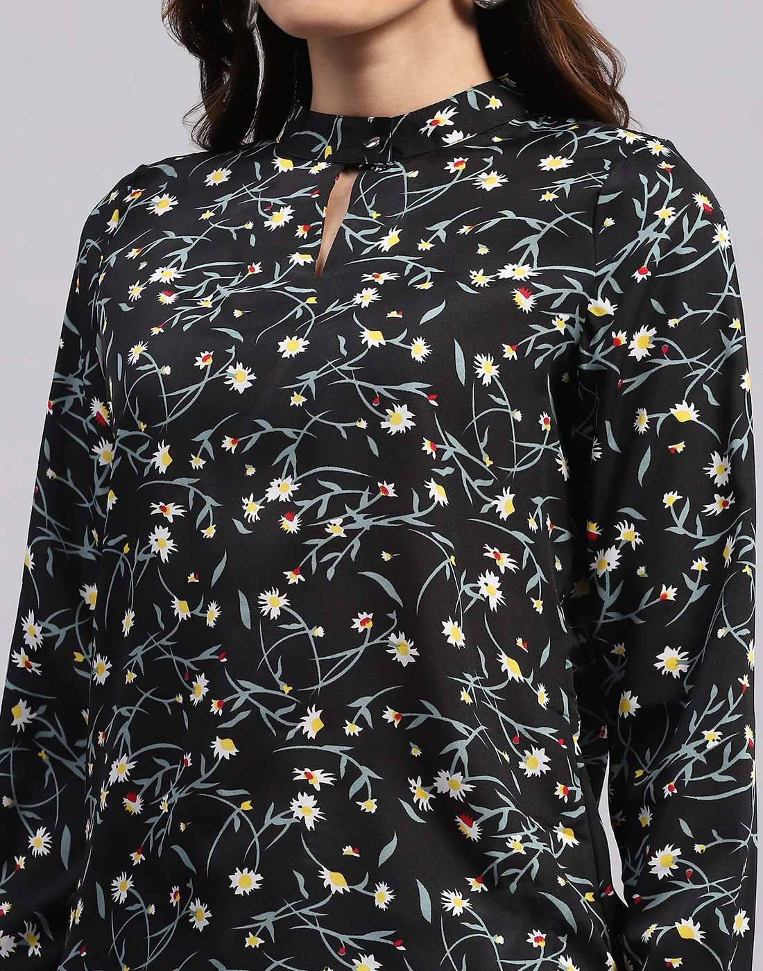 Women Black Printed Band Collar Full Sleeve Top - Image 7
