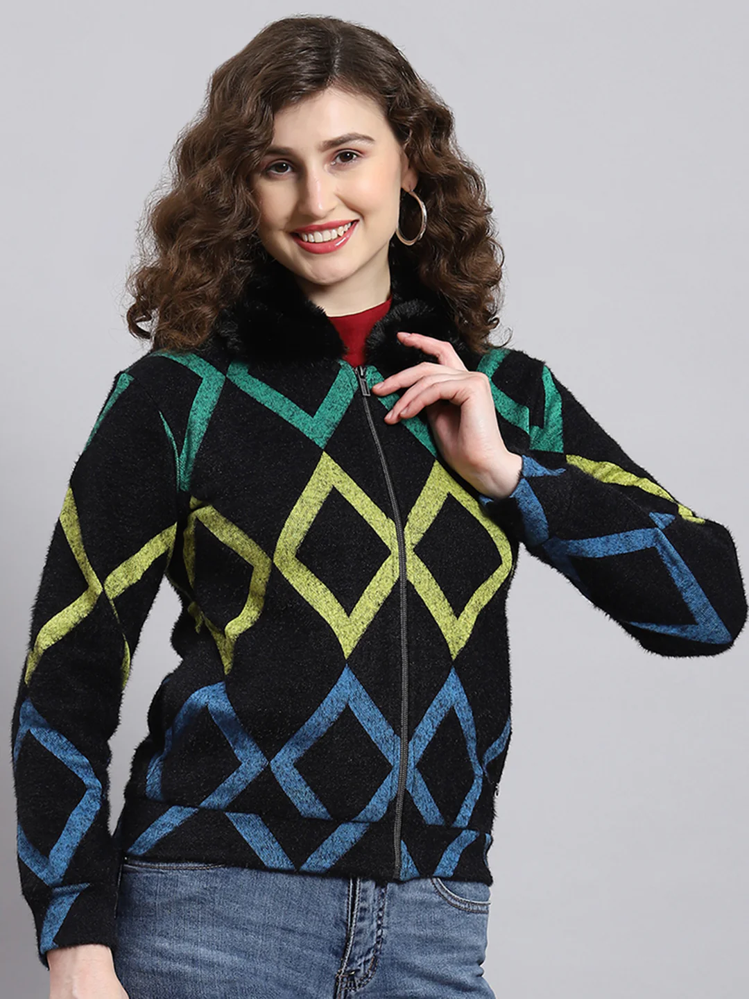 Women Black Printed Collar Full Sleeve Sweatshirt - Image 3
