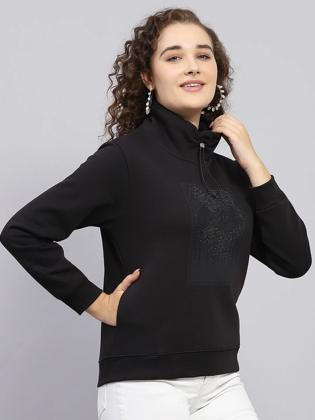Women Black Printed High Neck Full Sleeve Sweatshirt - Image 4