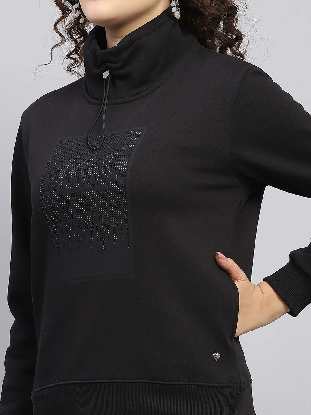 Women Black Printed High Neck Full Sleeve Sweatshirt - Image 6