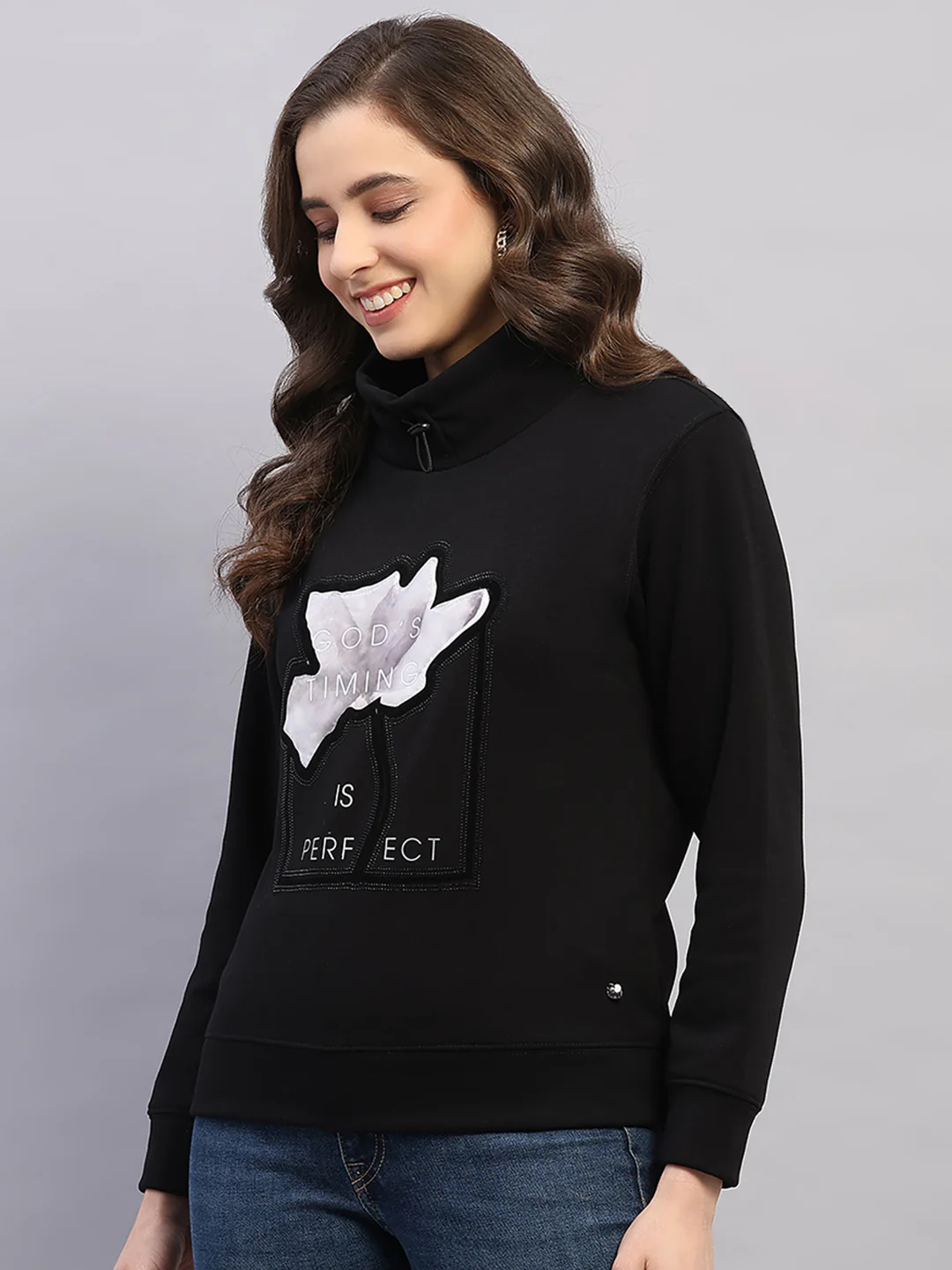 Women Black Printed High Neck Full Sleeve Sweatshirt - Image 3