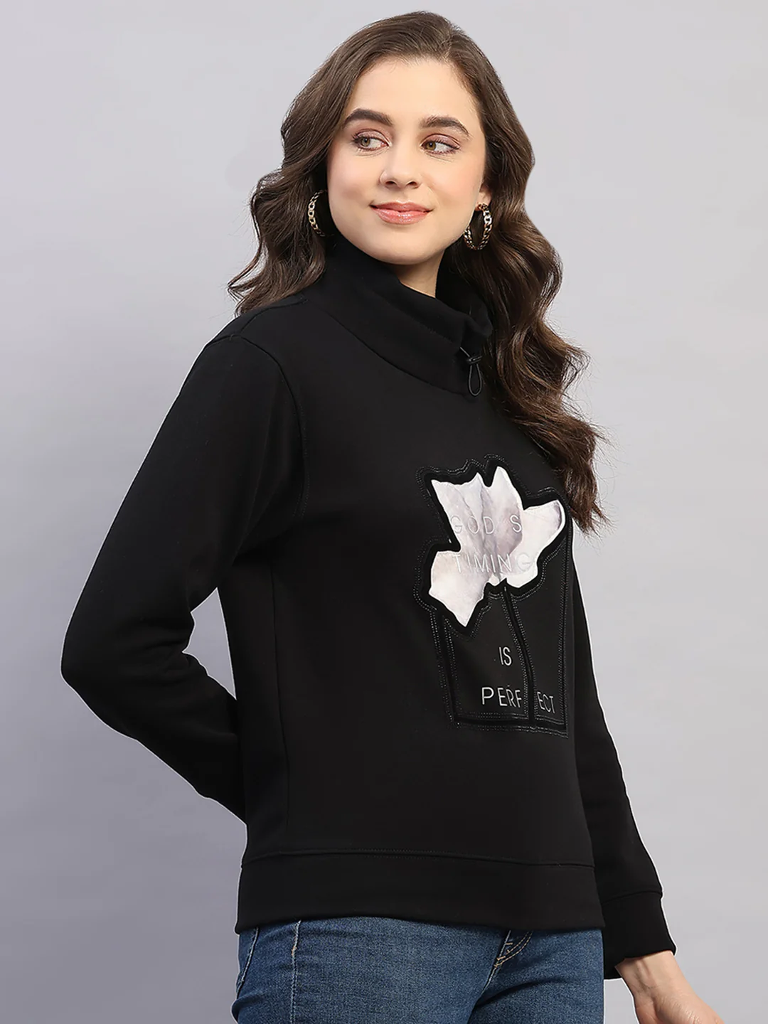 Women Black Printed High Neck Full Sleeve Sweatshirt - Image 4